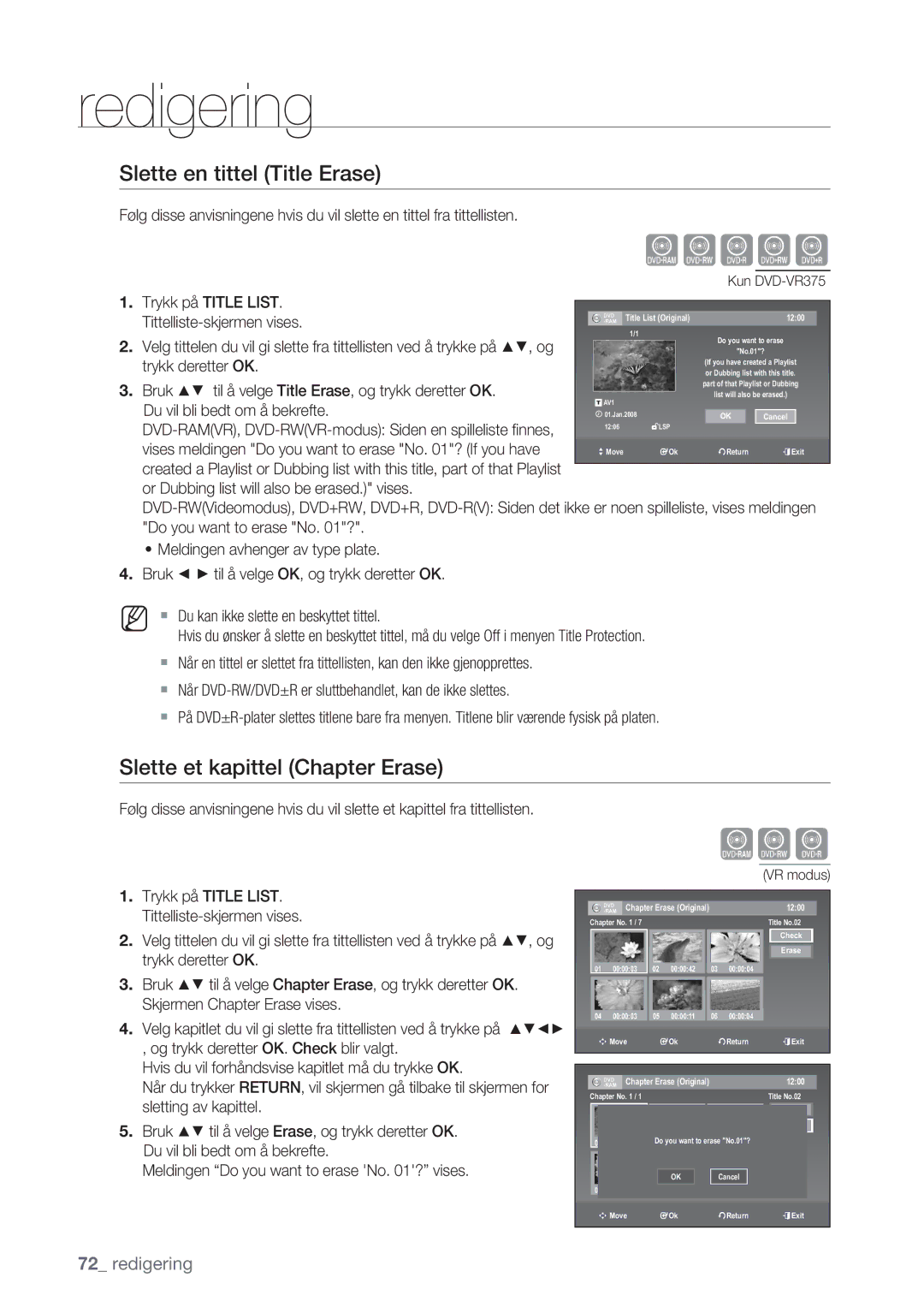 Samsung DVD-VR375/XEE, DVD-VR370/XEE manual Slette en tittel Title Erase, Slette et kapittel Chapter Erase 