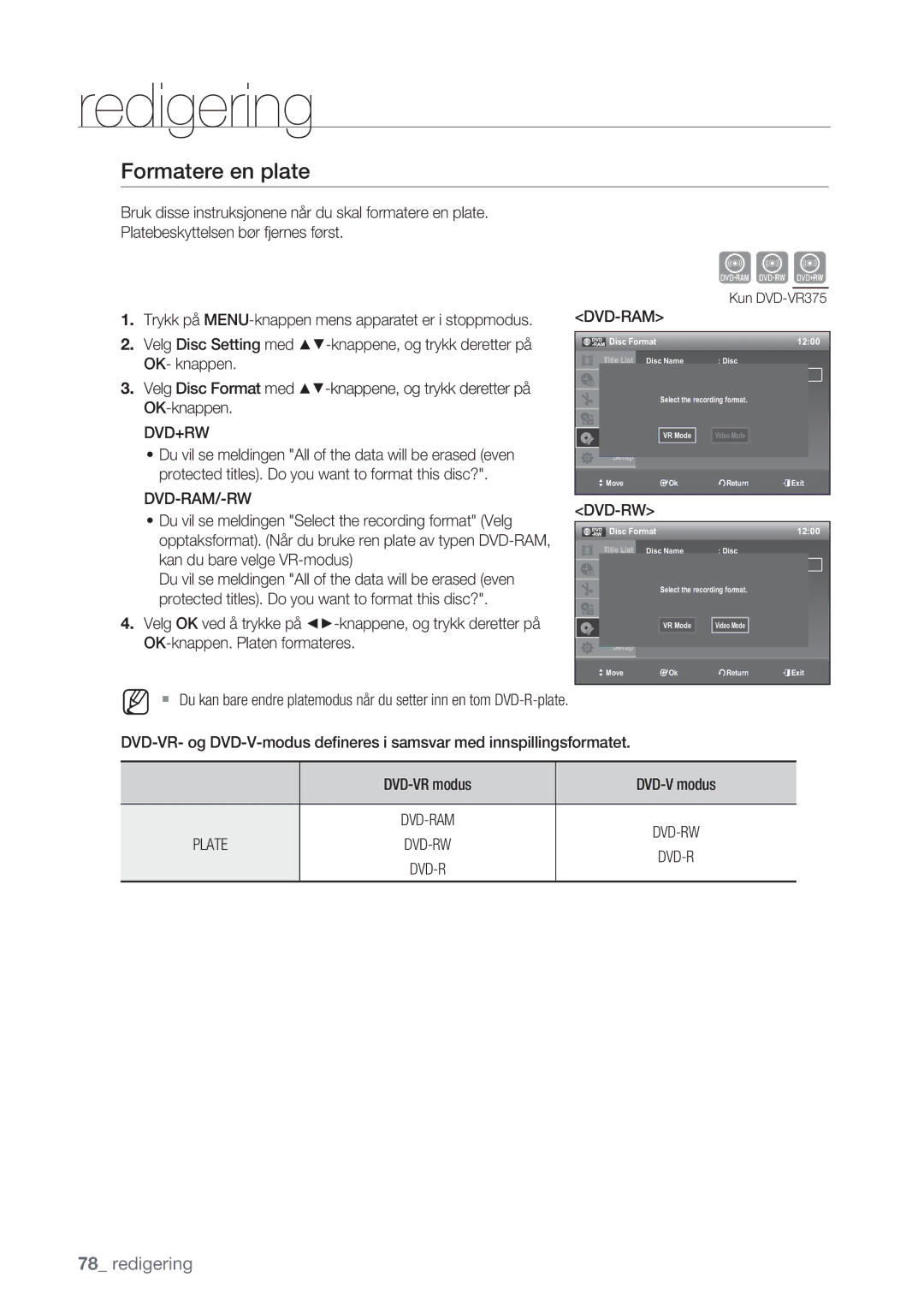 Samsung DVD-VR375/XEE, DVD-VR370/XEE manual Formatere en plate, Dvd-Ram/-Rw, Plate, Disc Format 1200 