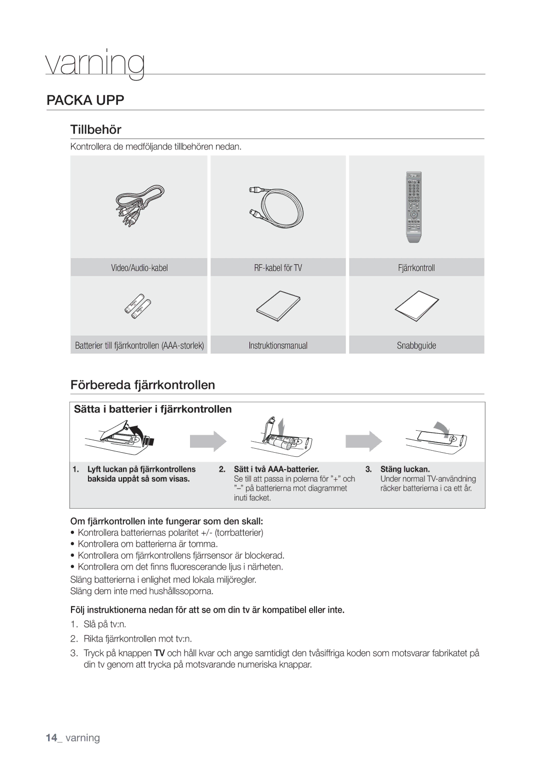 Samsung DVD-VR375/XEE, DVD-VR370/XEE manual Packa UPP, Tillbehör, Förbereda fjärrkontrollen 