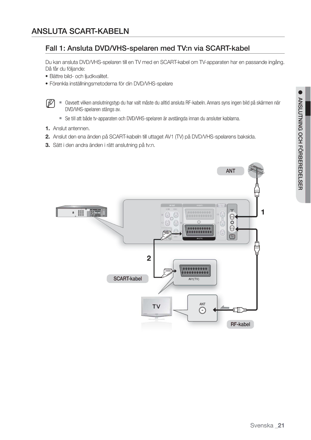 Samsung DVD-VR370/XEE, DVD-VR375/XEE Ansluta SCART-KABELN, Fall 1 Ansluta DVD/VHS-spelaren med TVn via SCART-kabel, Ant 