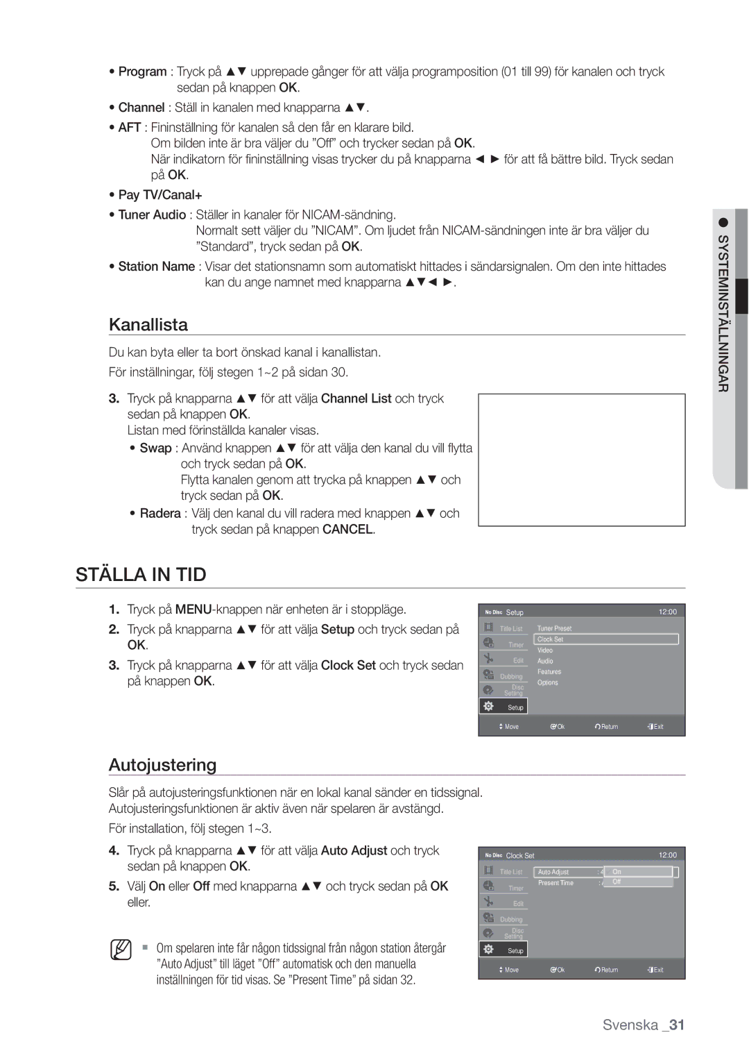 Samsung DVD-VR370/XEE, DVD-VR375/XEE manual Ställa in TID, Kanallista, Eller, Channel List 1200, Setup 1200 