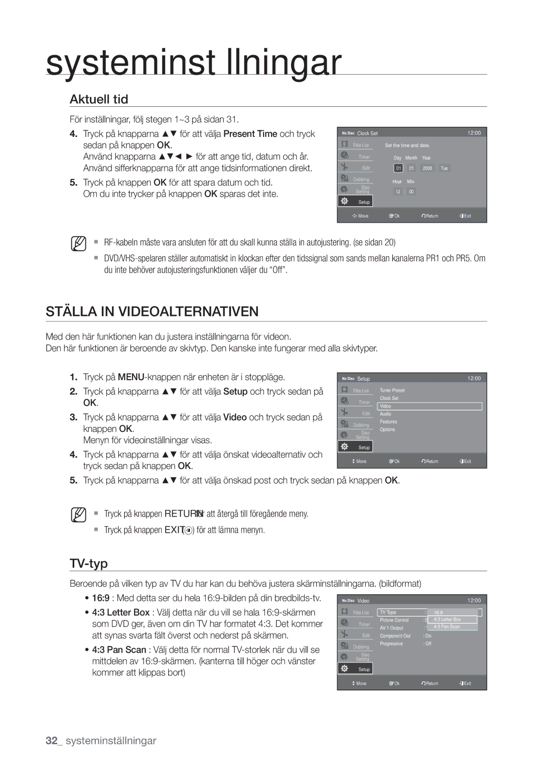 Samsung DVD-VR375/XEE, DVD-VR370/XEE manual Ställa in Videoalternativen, Aktuell tid, TV-typ 