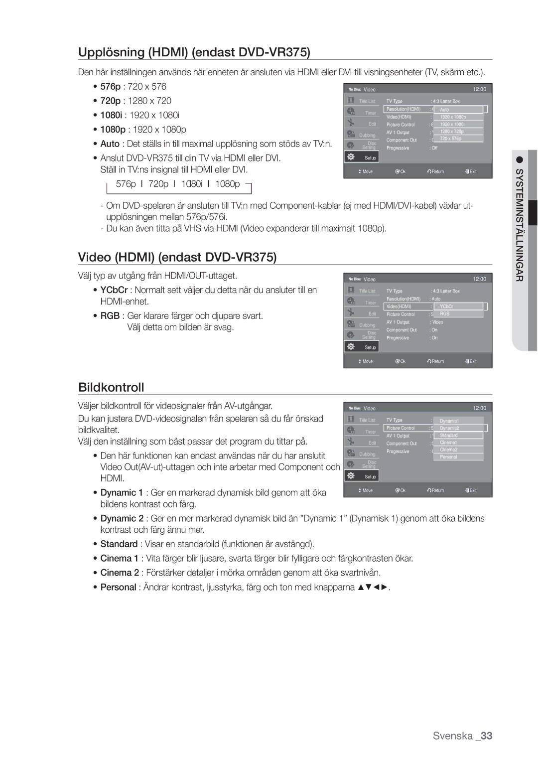 Samsung DVD-VR370/XEE, DVD-VR375/XEE manual Upplösning Hdmi endast DVD-VR375, Bildkontroll 