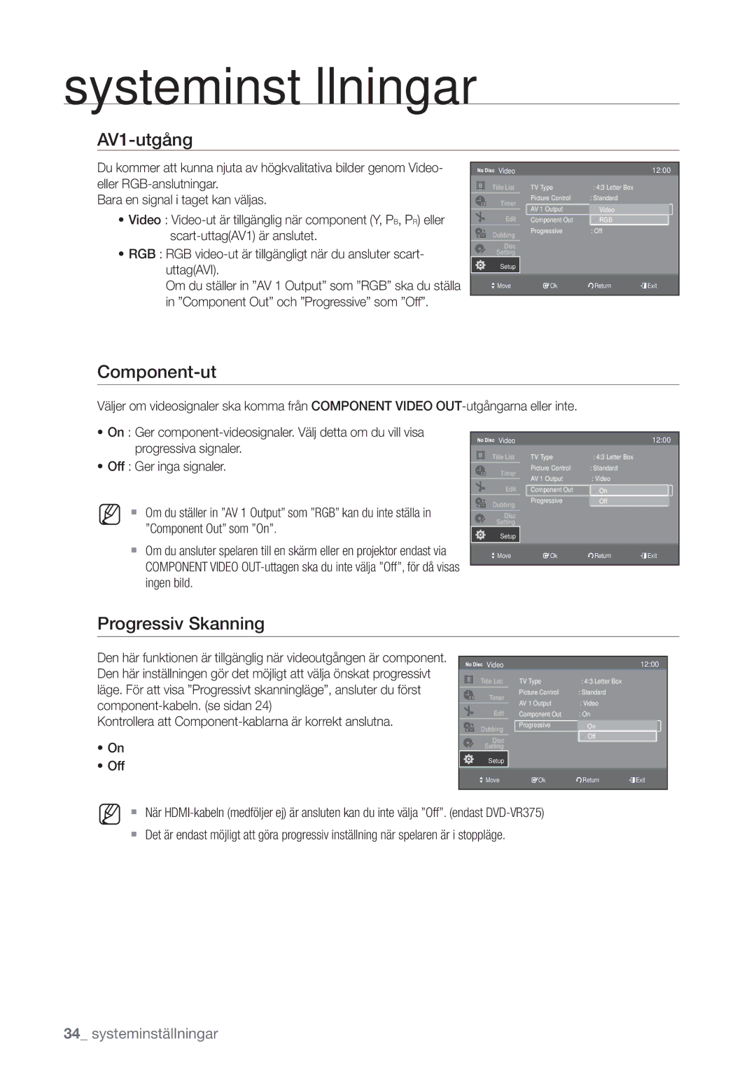 Samsung DVD-VR375/XEE, DVD-VR370/XEE manual AV1-utgång, Component-ut, Progressiv Skanning 