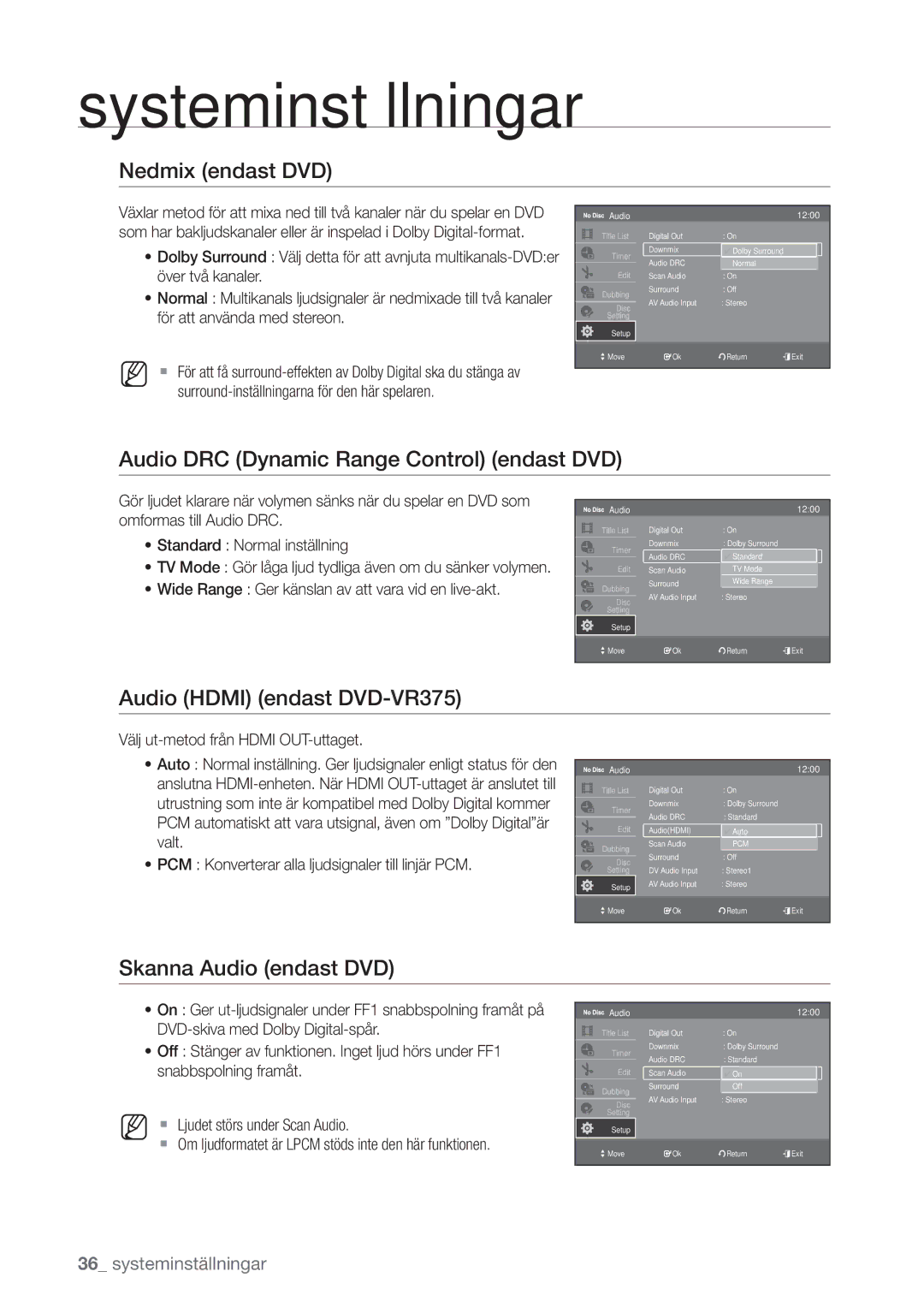 Samsung DVD-VR375/XEE manual Nedmix endast DVD, Audio DRC Dynamic Range Control endast DVD, Audio Hdmi endast DVD-VR375 