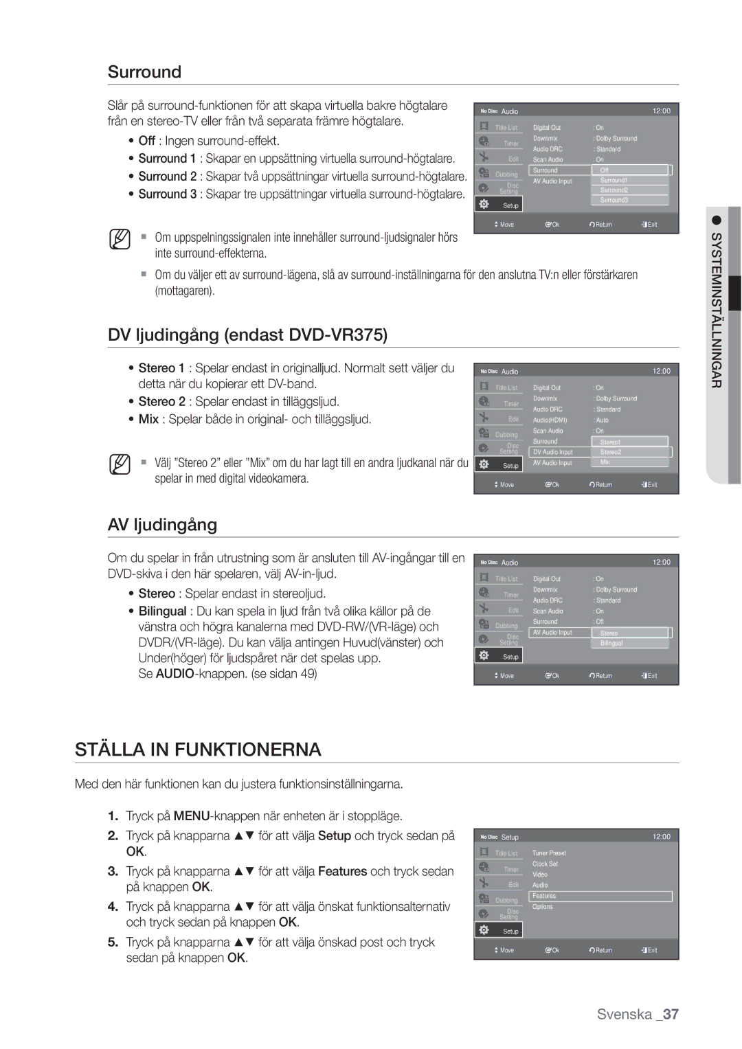 Samsung DVD-VR370/XEE, DVD-VR375/XEE manual Ställa in Funktionerna, AV ljudingång 