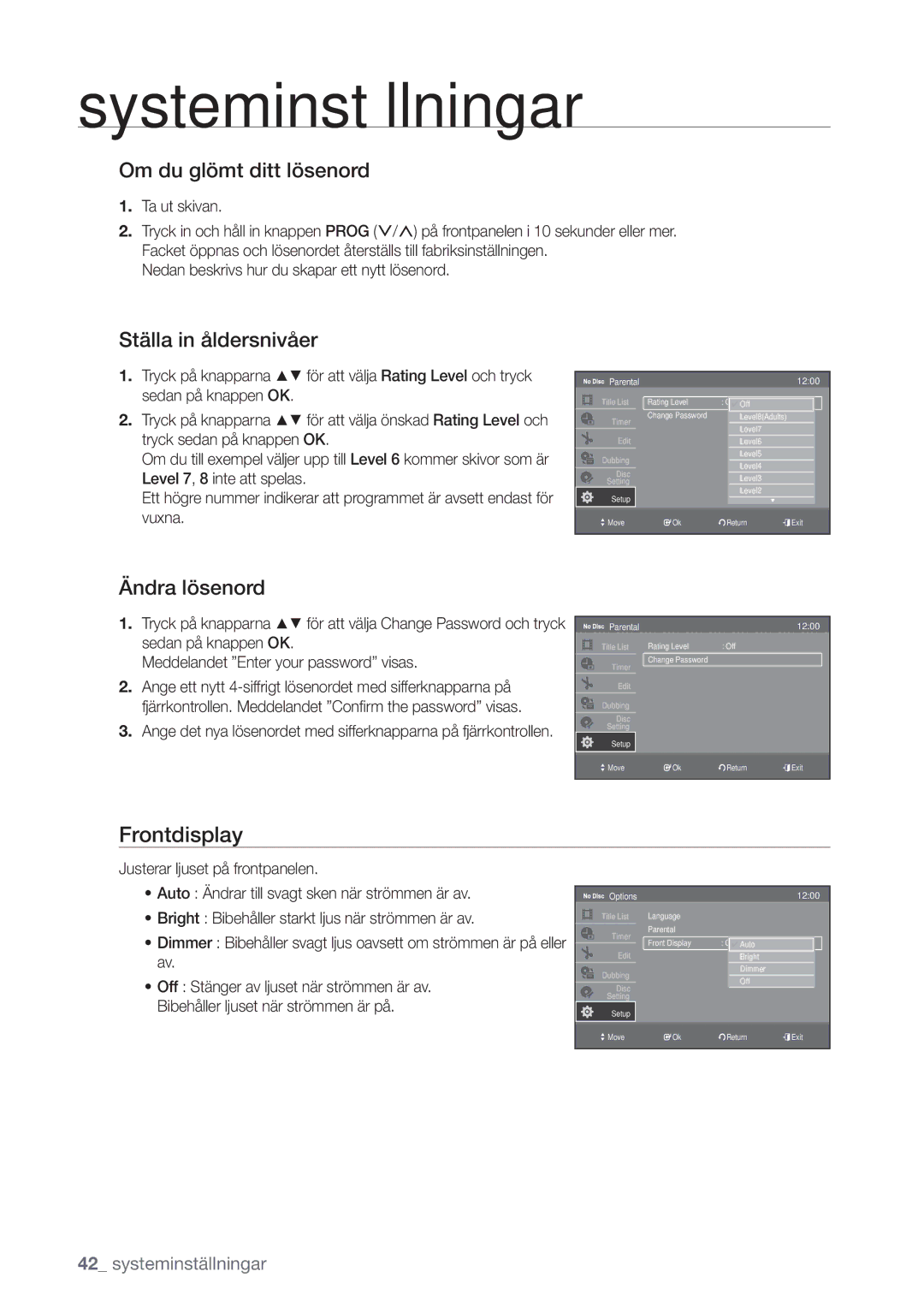 Samsung DVD-VR375/XEE, DVD-VR370/XEE manual Frontdisplay, Om du glömt ditt lösenord, Ställa in åldersnivåer, Ändra lösenord 