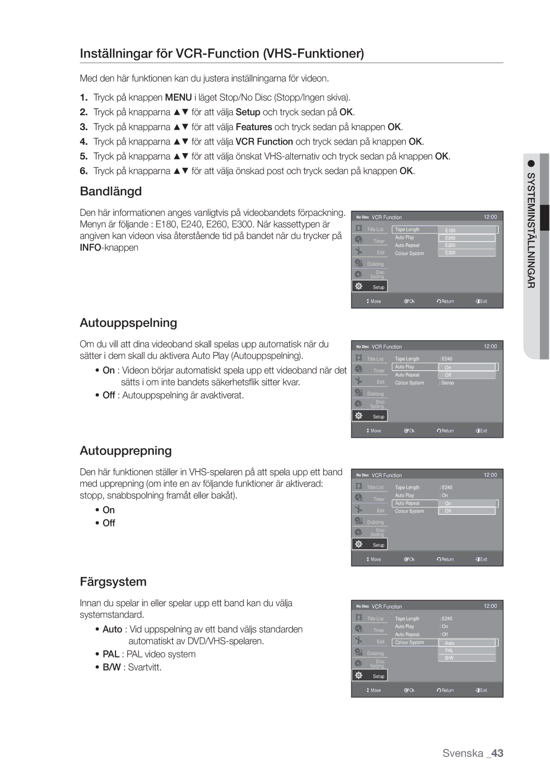 Samsung DVD-VR370/XEE manual Inställningar för VCR-Function VHS-Funktioner, Bandlängd, Autouppspelning, Autoupprepning 