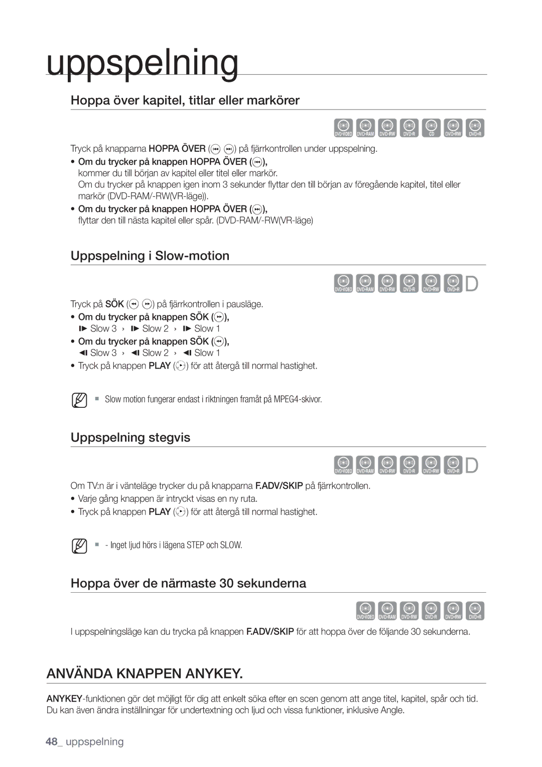 Samsung DVD-VR375/XEE manual Använda Knappen Anykey, Hoppa över kapitel, titlar eller markörer, Uppspelning i Slow-motion 