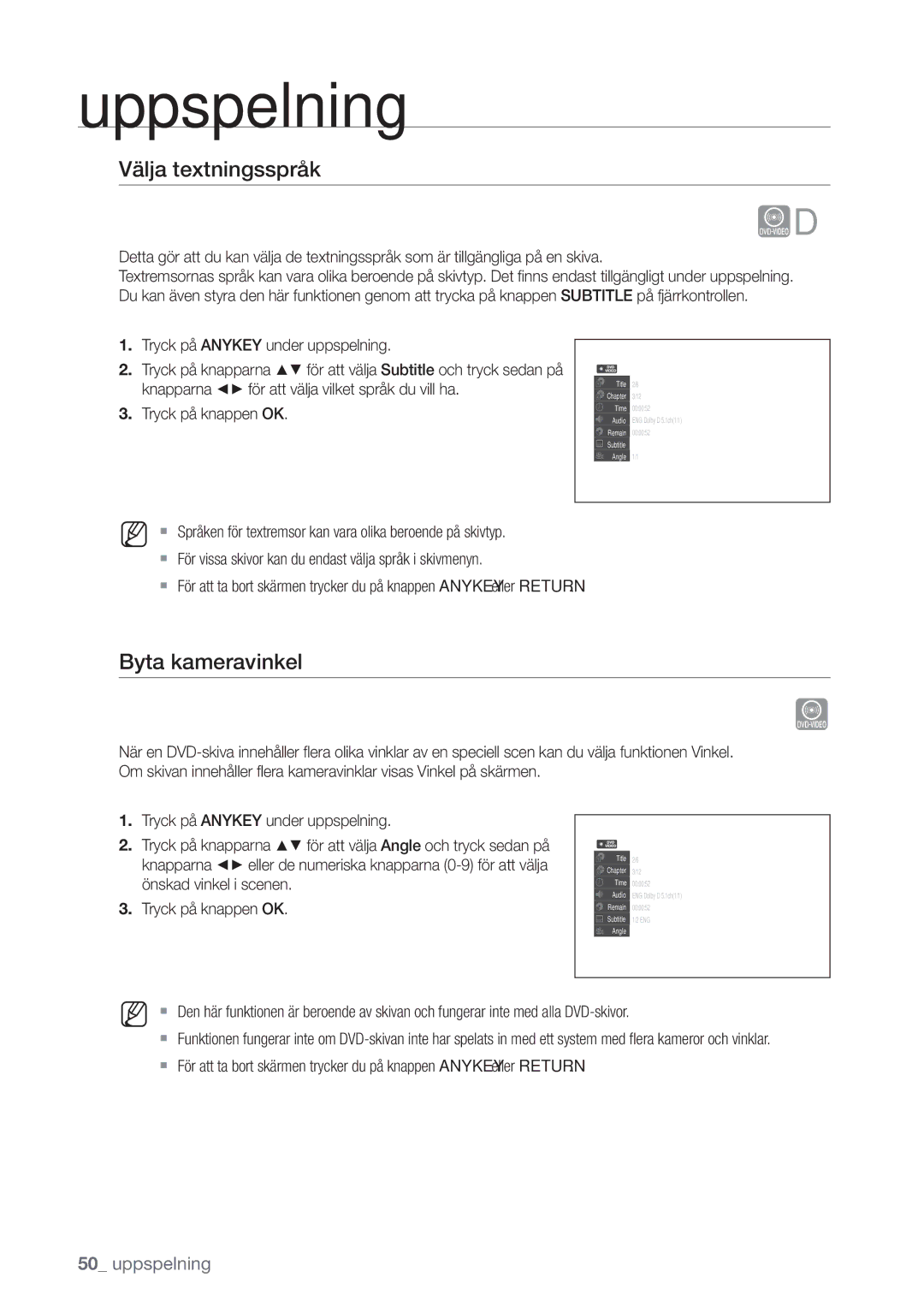 Samsung DVD-VR375/XEE, DVD-VR370/XEE manual Välja textningsspråk, Byta kameravinkel, Tryck på knappen OK 