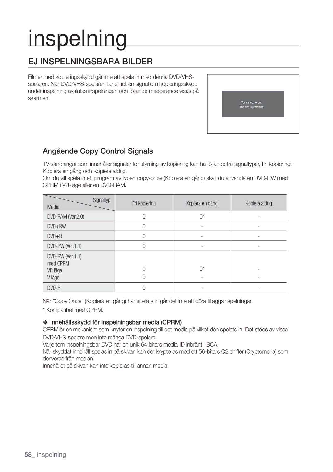 Samsung DVD-VR375/XEE manual EJ Inspelningsbara Bilder, Angående Copy Control Signals, Med Cprm VR läge Läge, Dvd-R 