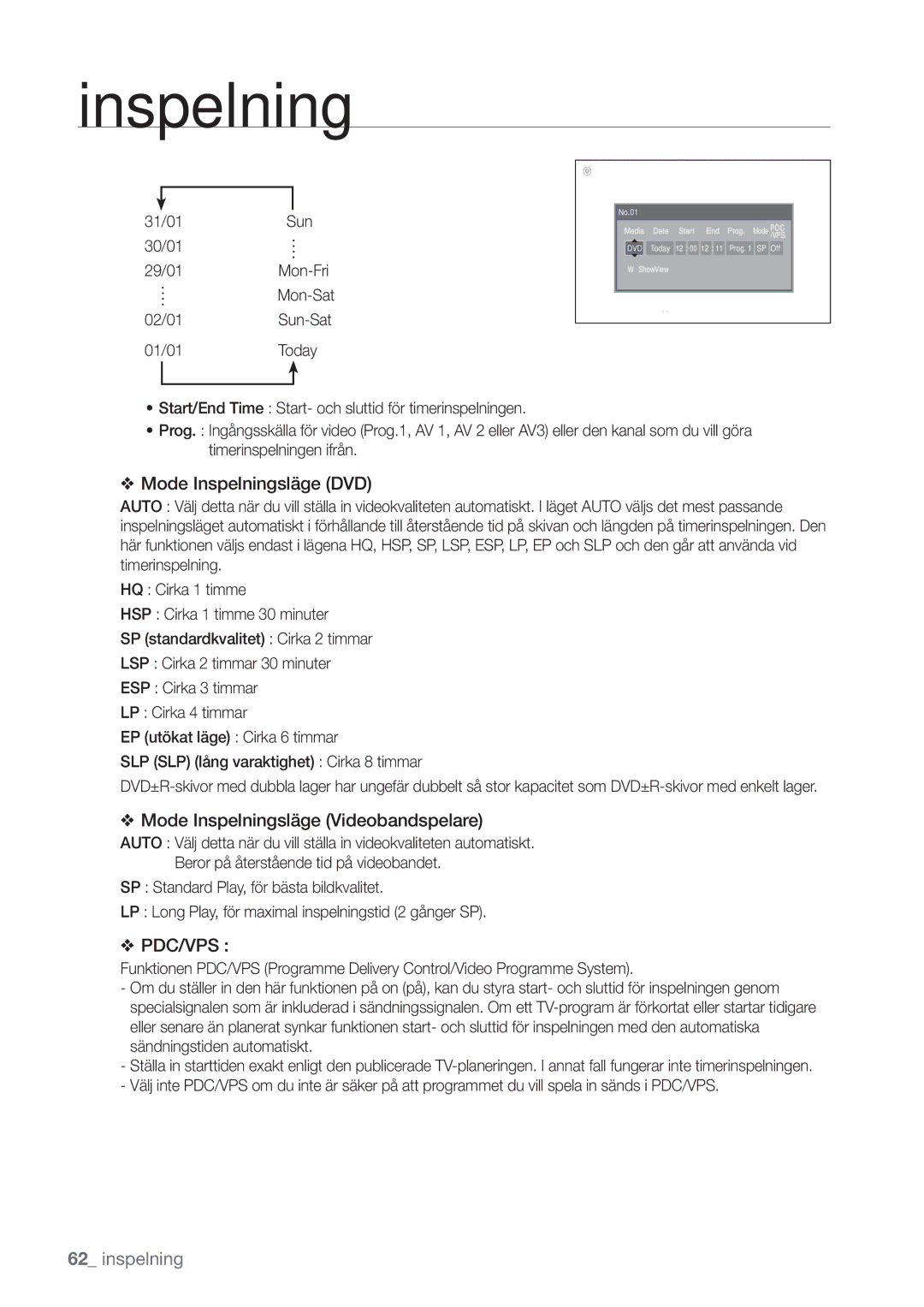 Samsung DVD-VR375/XEE, DVD-VR370/XEE manual 31/01Sun 30/01 29/01Mon-Fri Mon-Sat 02/01Sun-Sat 01/01Today, Timer Standard 1200 