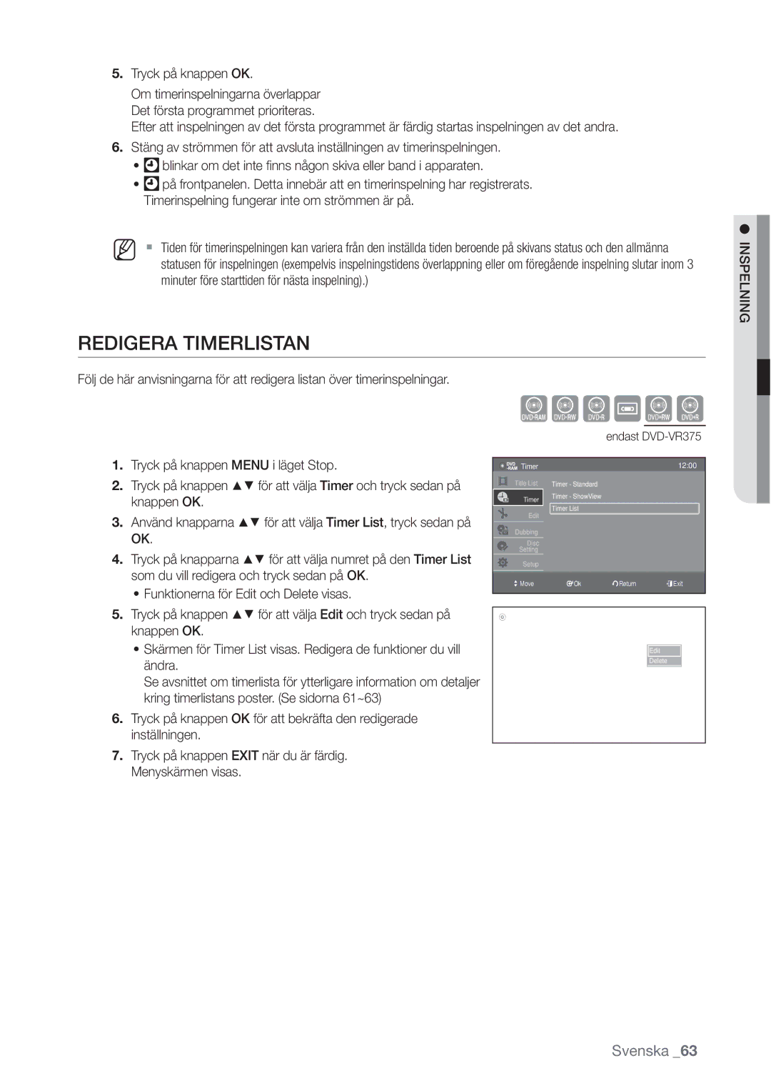 Samsung DVD-VR370/XEE, DVD-VR375/XEE manual Redigera Timerlistan, Timer List 1200 