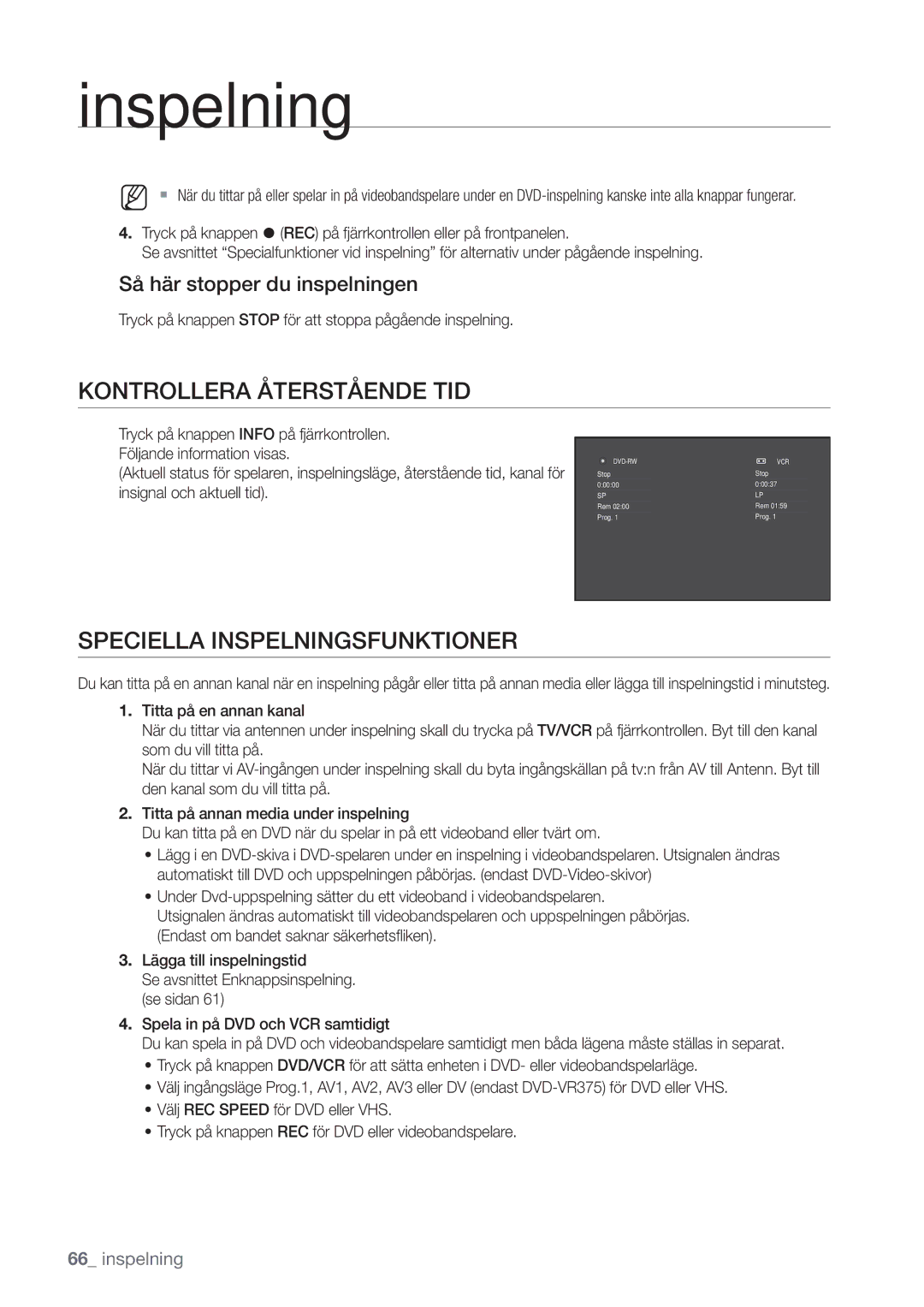 Samsung DVD-VR375/XEE, DVD-VR370/XEE manual Kontrollera Återstående TID, Speciella Inspelningsfunktioner 