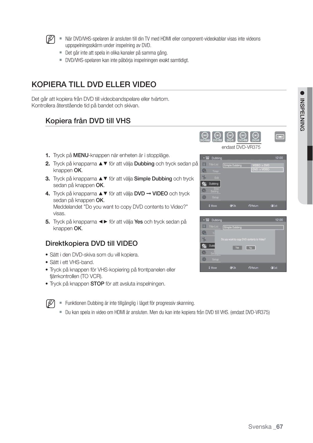 Samsung DVD-VR370/XEE, DVD-VR375/XEE Kopiera Till DVD Eller Video, Kopiera från DVD till VHS, Direktkopiera DVD till Video 