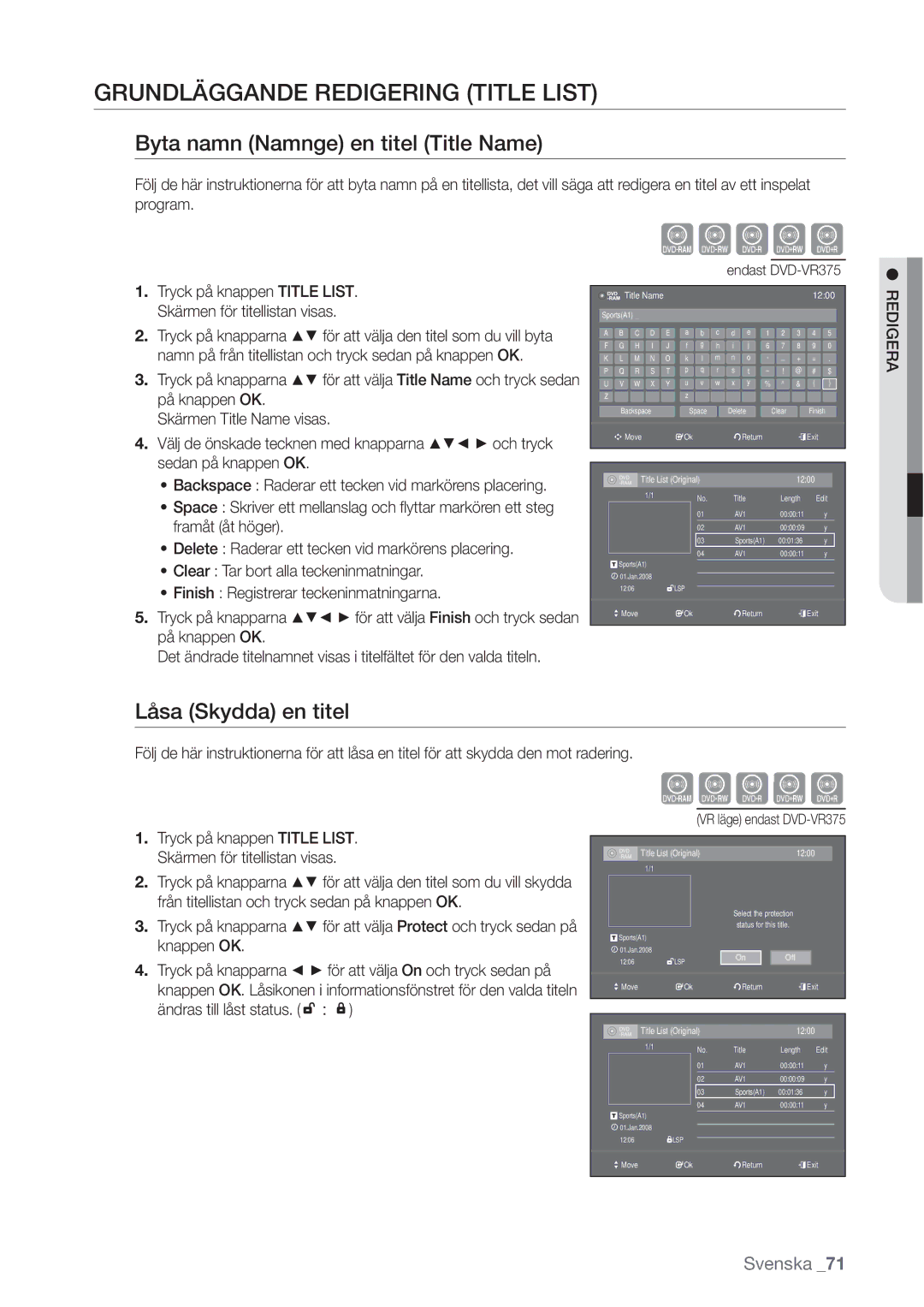 Samsung DVD-VR370/XEE Grundläggande Redigering Title List, Byta namn Namnge en titel Title Name, Låsa Skydda en titel 