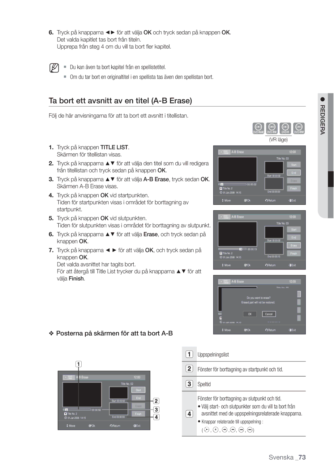 Samsung DVD-VR370/XEE, DVD-VR375/XEE manual Xcvk, Ta bort ett avsnitt av en titel A-B Erase 