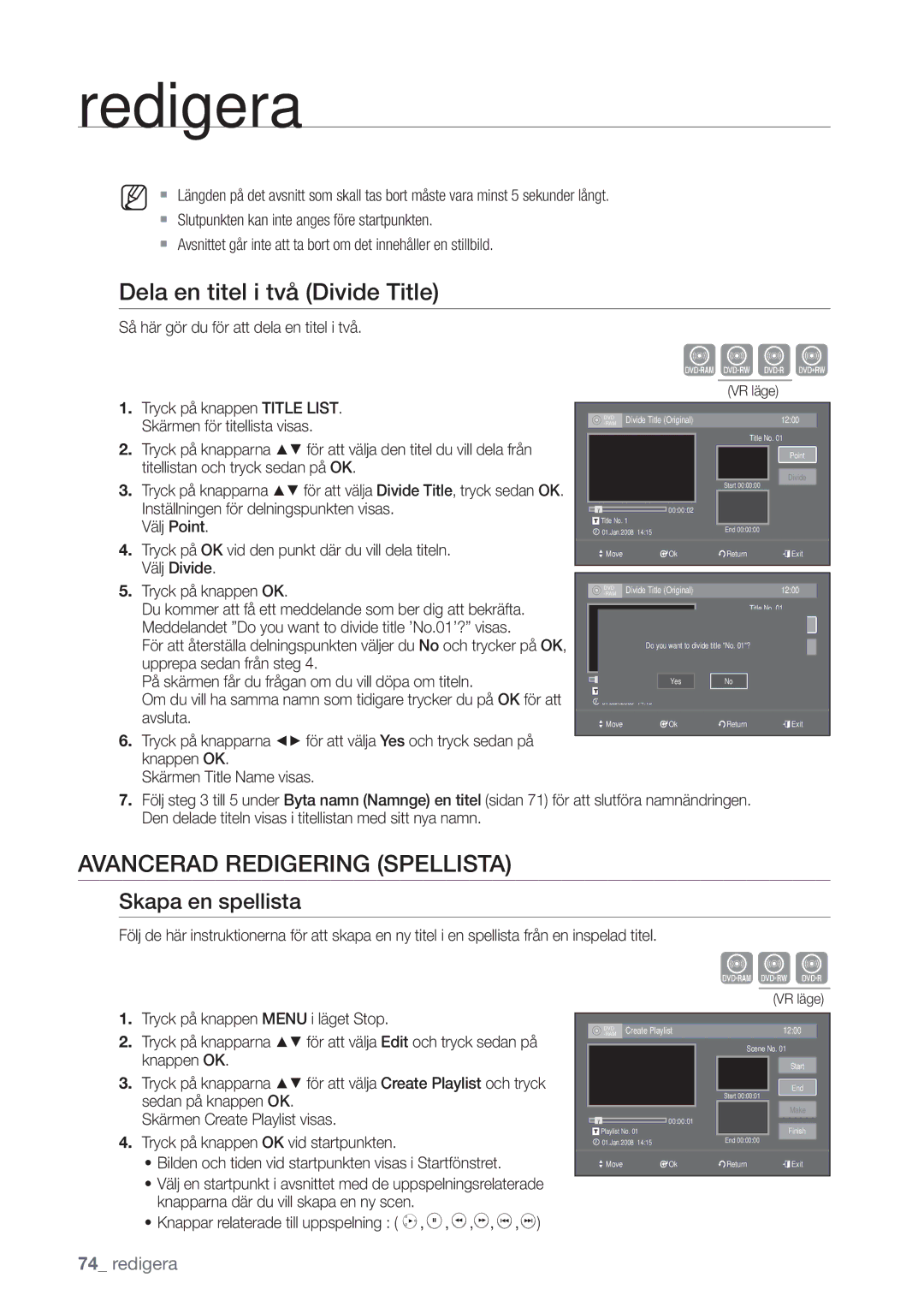 Samsung DVD-VR375/XEE, DVD-VR370/XEE manual Avancerad Redigering Spellista, Skapa en spellista 