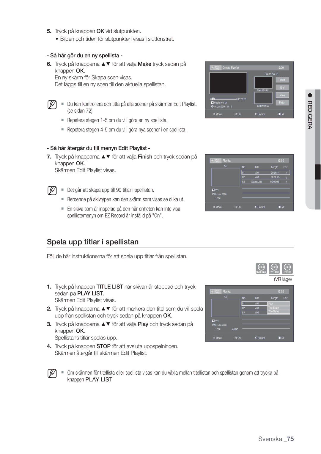Samsung DVD-VR370/XEE manual Spela upp titlar i spellistan,  Beroende på skivtypen kan den skärm som visas se olika ut 