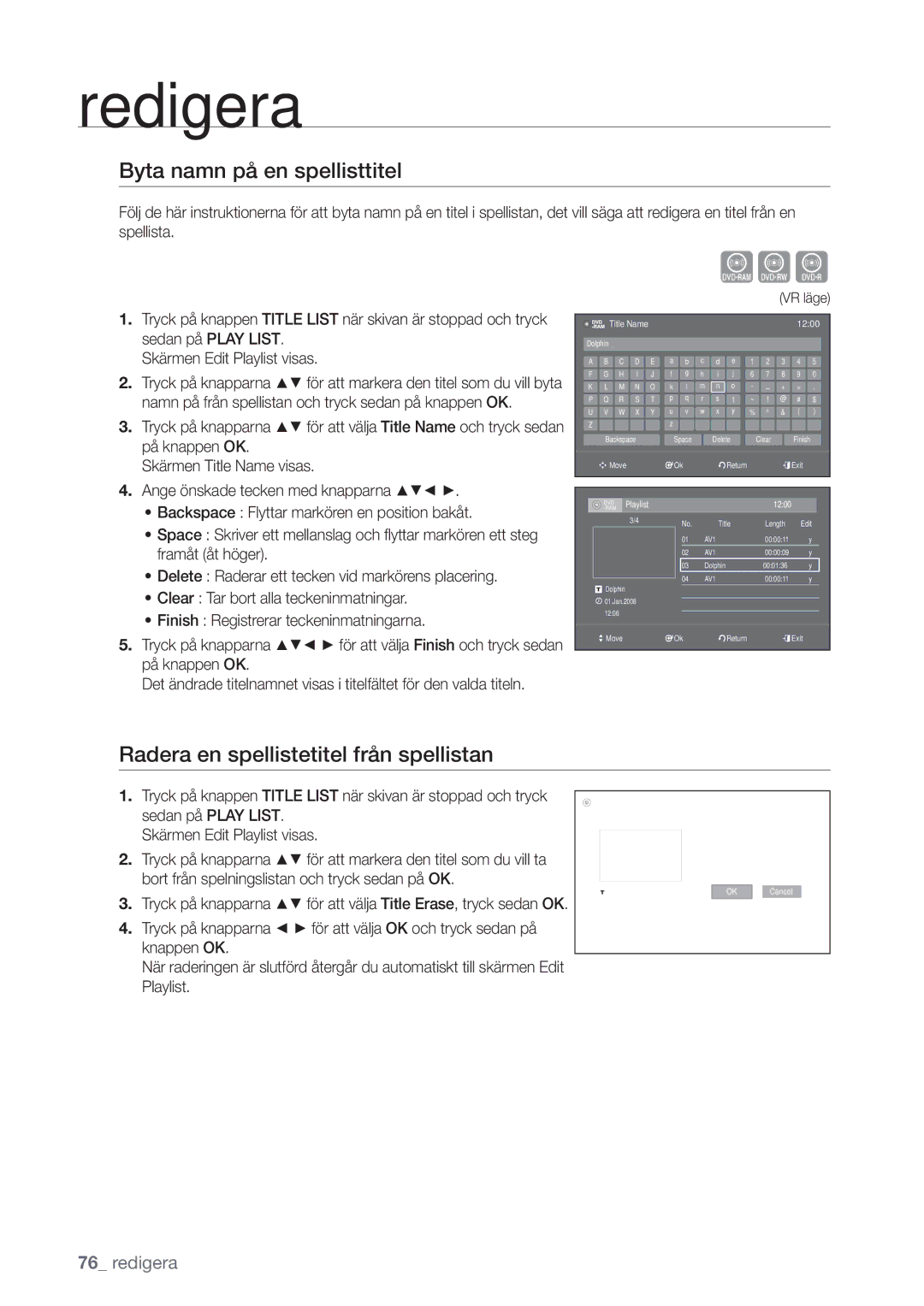 Samsung DVD-VR375/XEE, DVD-VR370/XEE Byta namn på en spellisttitel, Radera en spellistetitel från spellistan, Playlist 