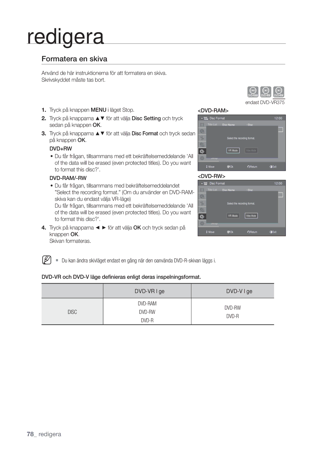 Samsung DVD-VR375/XEE, DVD-VR370/XEE manual Formatera en skiva 