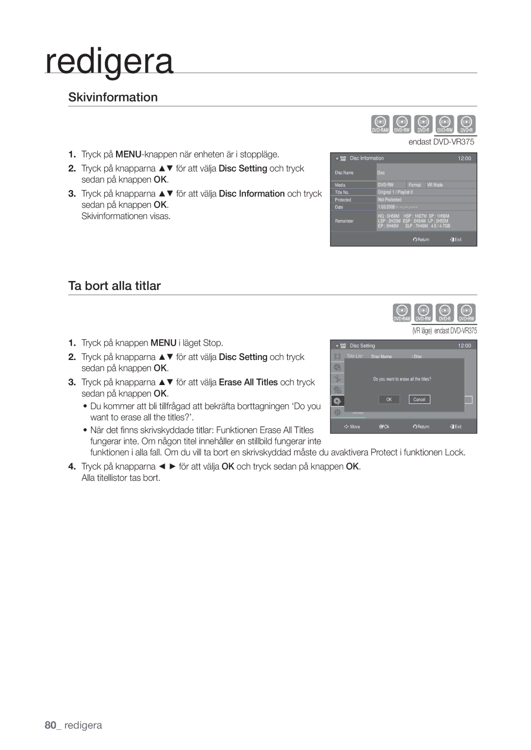 Samsung DVD-VR375/XEE manual Skivinformation, Ta bort alla titlar, Want to erase all the titles?’, Disc Information 1200 