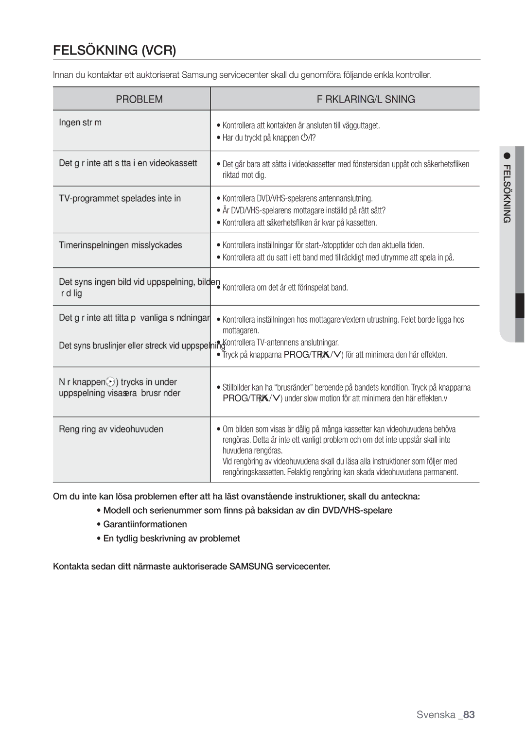 Samsung DVD-VR370/XEE, DVD-VR375/XEE manual Felsökning VCR 