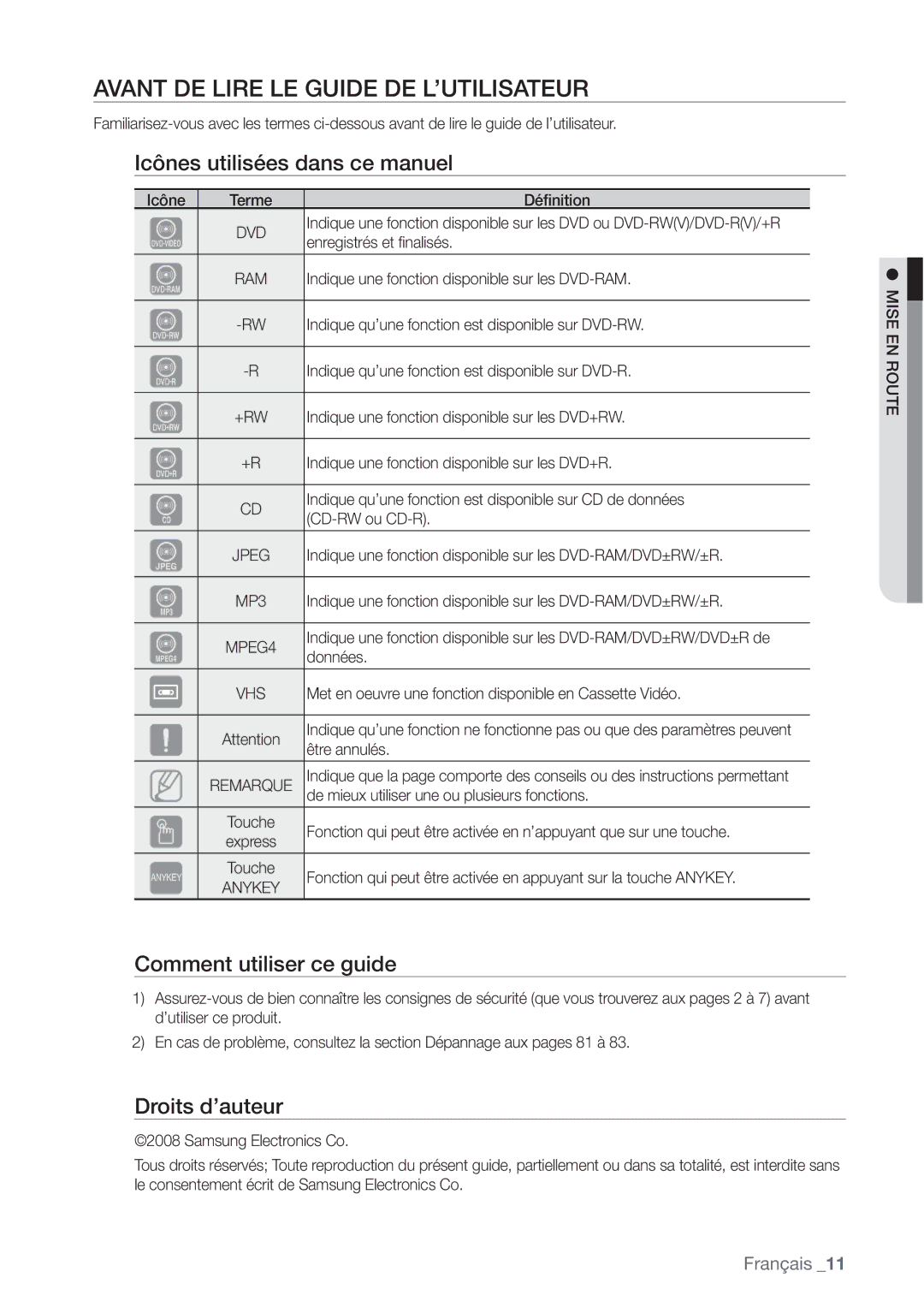 Samsung DVD-VR375/XEF Avant DE Lire LE Guide DE L’UTILISATEUR, Icônes utilisées dans ce manuel, Comment utiliser ce guide 