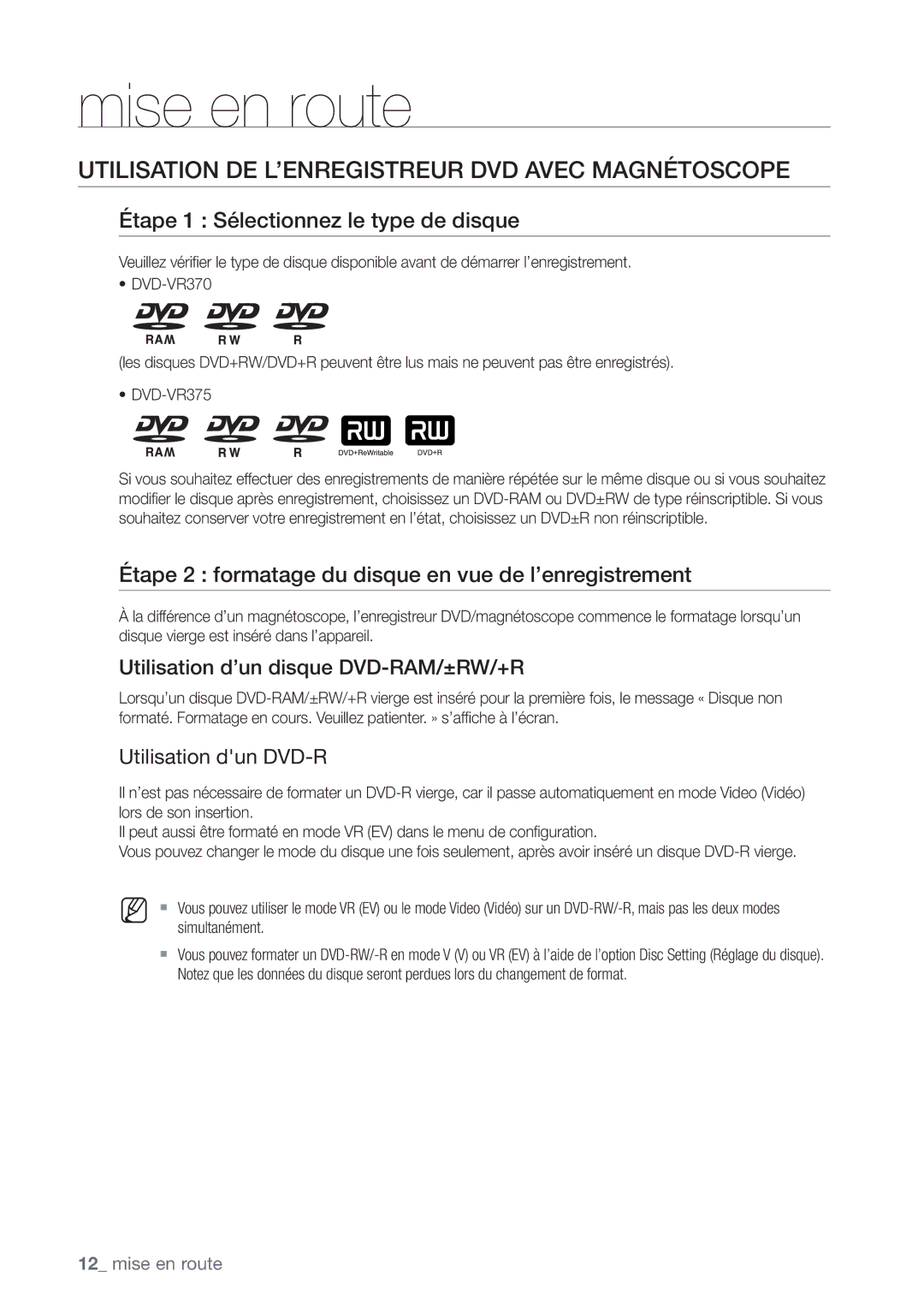 Samsung DVD-VR375/XEF manual Utilisation DE L’ENREGISTREUR DVD Avec Magnétoscope, Étape 1 Sélectionnez le type de disque 