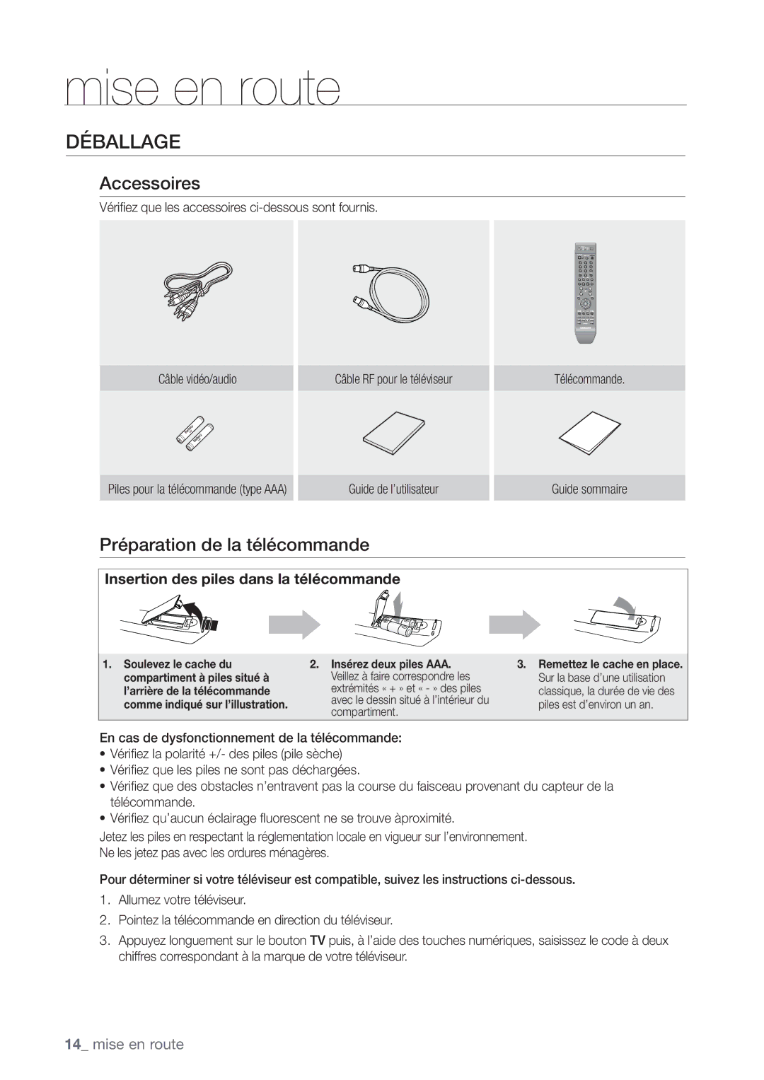 Samsung DVD-VR375/XEF manual Déballage, Accessoires, Préparation de la télécommande 