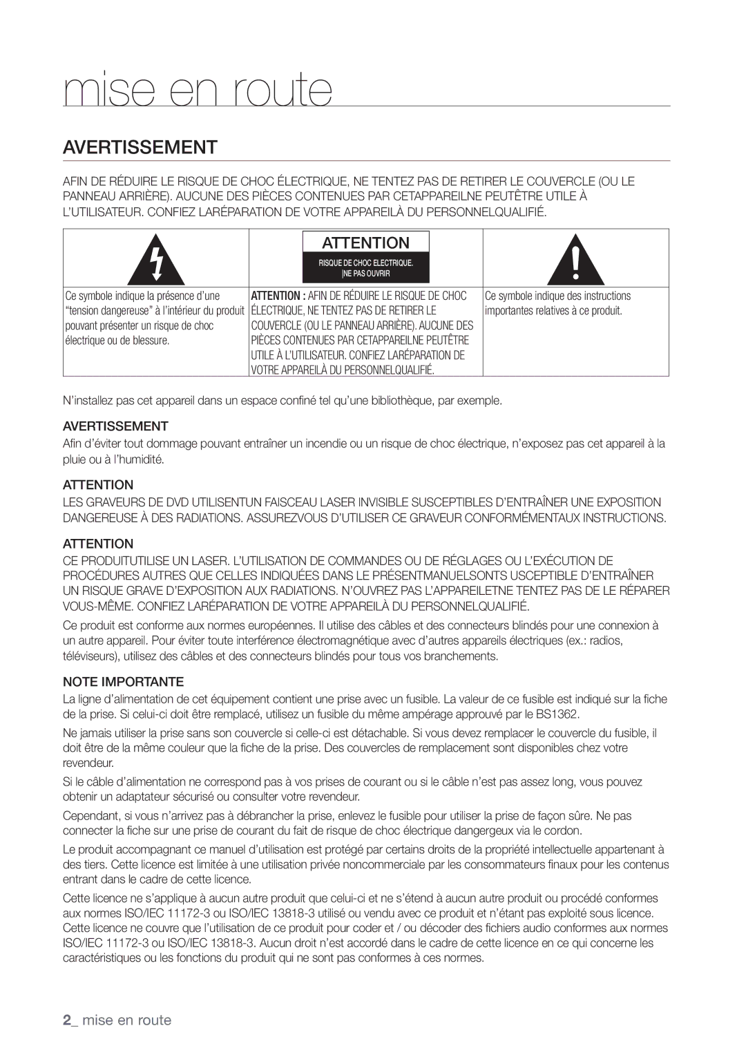 Samsung DVD-VR375/XEF manual Avertissement 