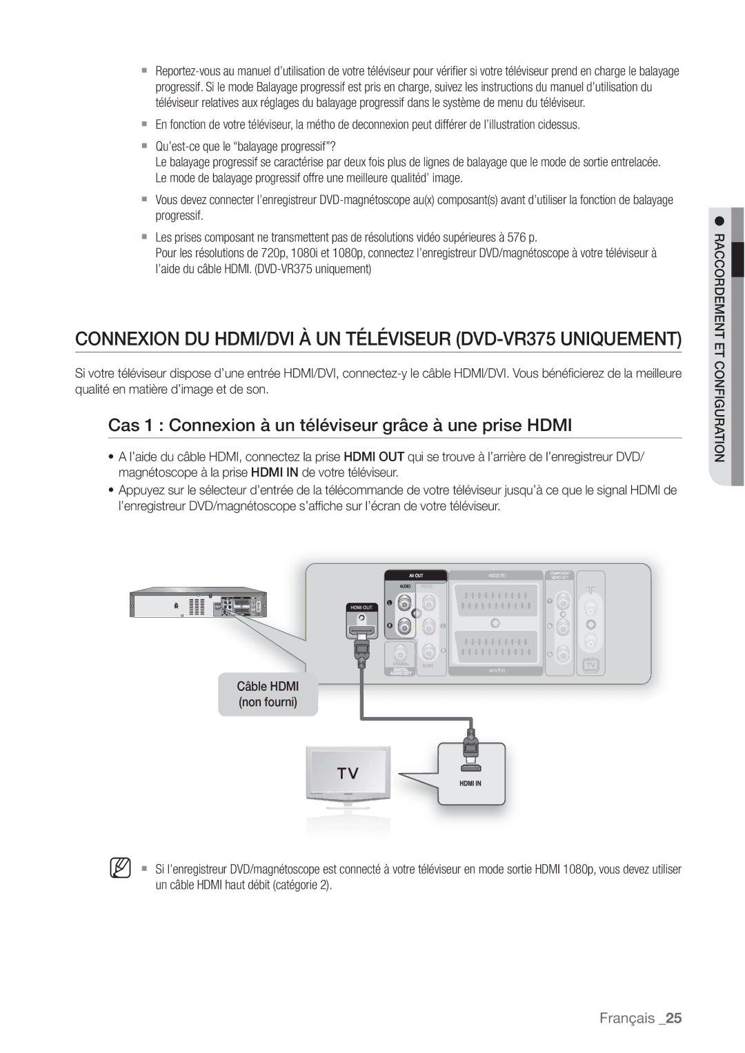 Samsung DVD-VR375/XEF manual Connexion DU HDMI/DVI À UN Téléviseur DVD-VR375 Uniquement 