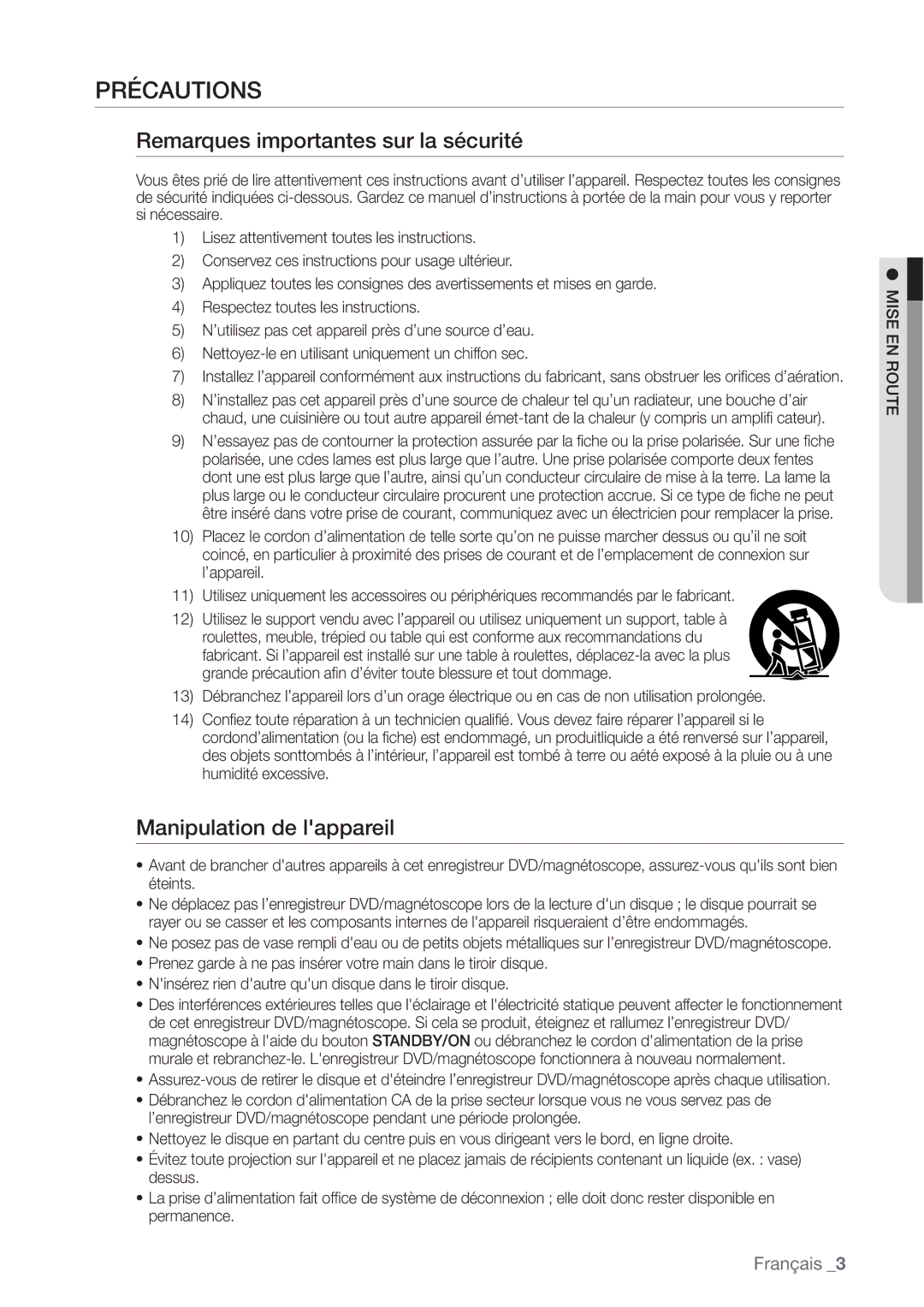 Samsung DVD-VR375/XEF manual Précautions, Remarques importantes sur la sécurité, Manipulation de lappareil, Mise EN Route 