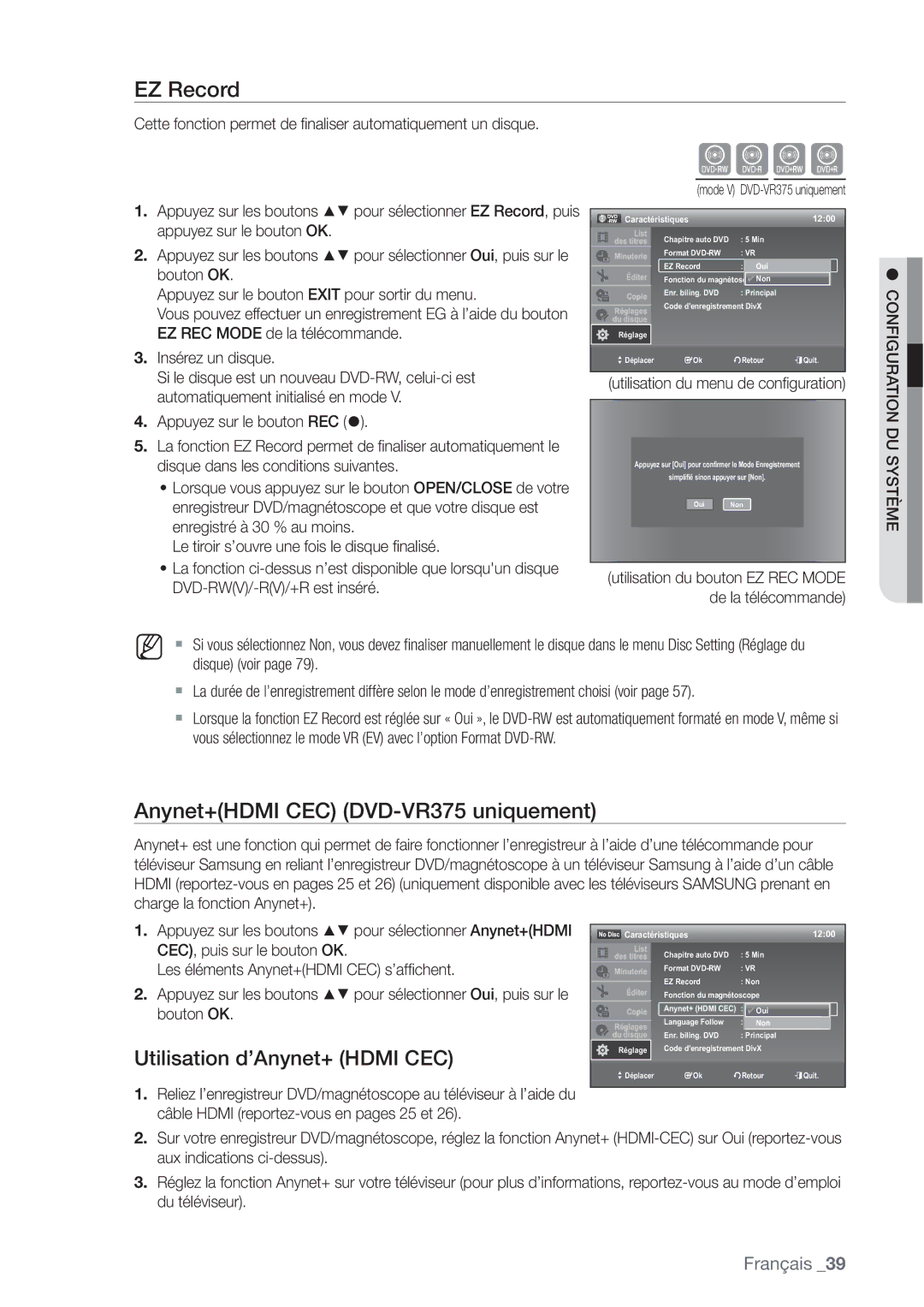 Samsung DVD-VR375/XEF manual Cvkl, EZ Record, Anynet+HDMI CEC DVD-VR375 uniquement, CEC, puis sur le bouton OK 