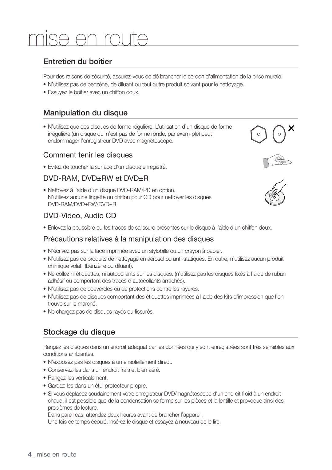 Samsung DVD-VR375/XEF manual Entretien du boîtier, Manipulation du disque, Stockage du disque 