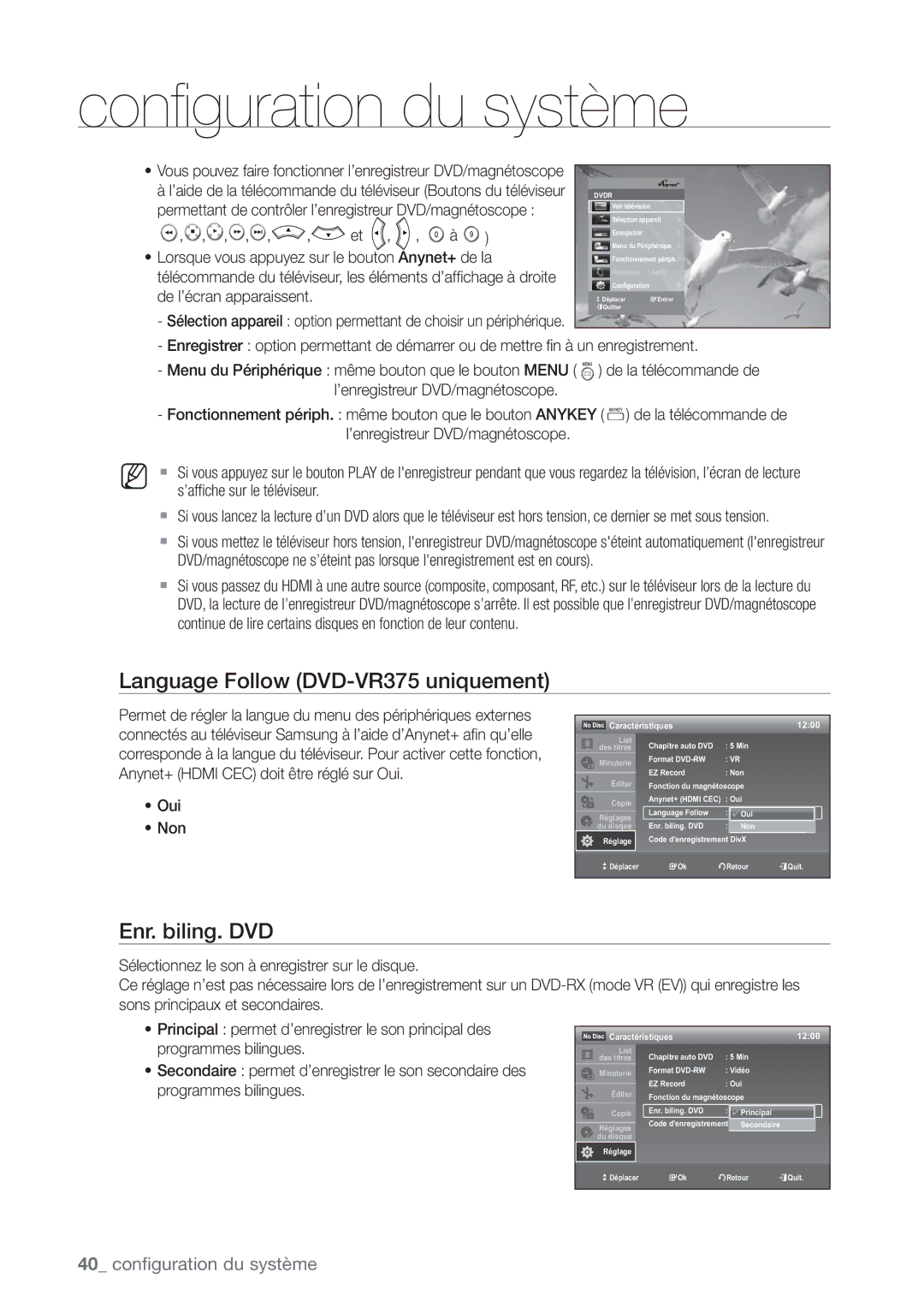 Samsung DVD-VR375/XEF manual Language Follow DVD-VR375 uniquement, Enr. biling. DVD, Oui Non 