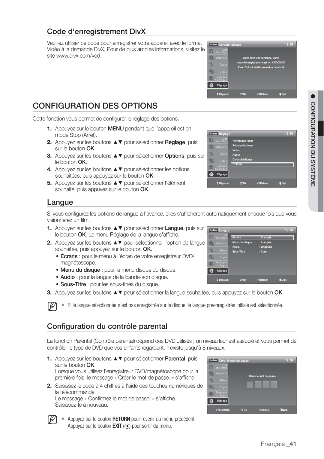 Samsung DVD-VR375/XEF Configuration DES Options, Code d’enregistrement DivX, Langue, Conﬁguration du contrôle parental 