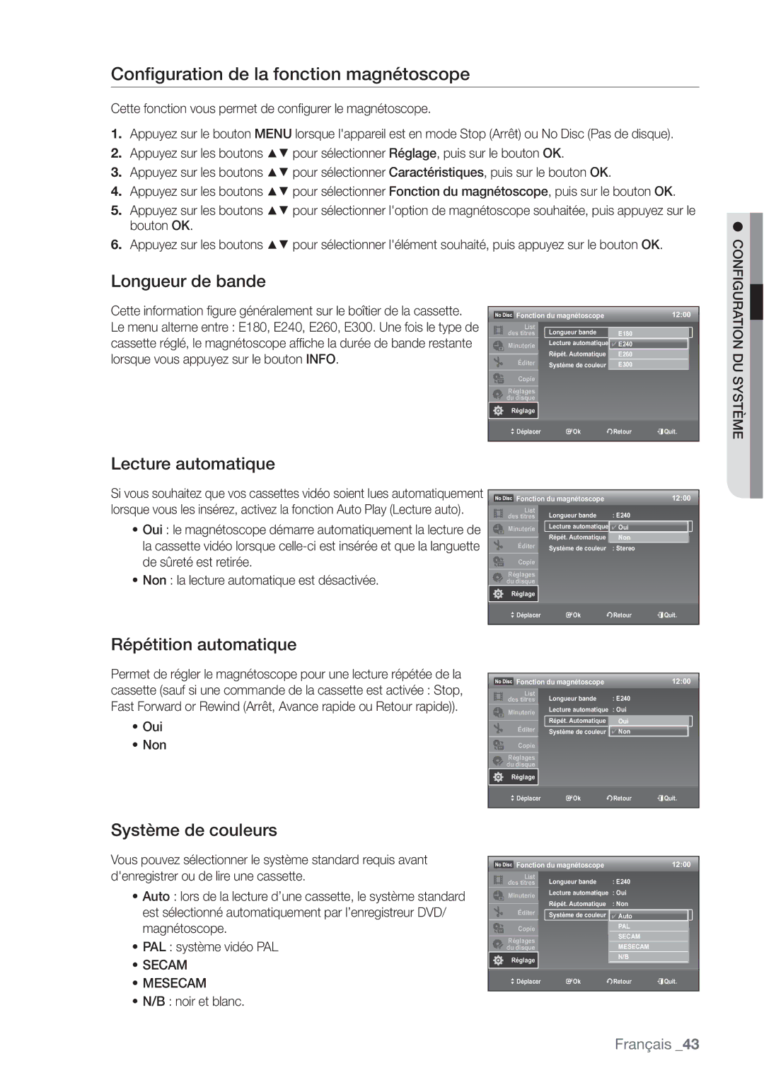 Samsung DVD-VR375/XEF manual Conﬁguration de la fonction magnétoscope, Longueur de bande, Lecture automatique 