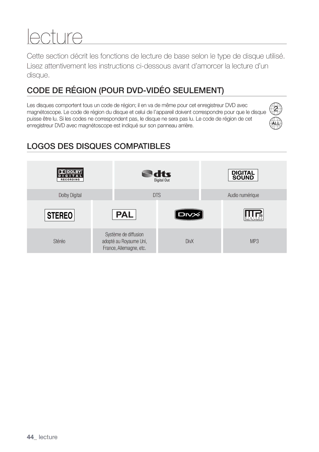 Samsung DVD-VR375/XEF manual Code DE Région Pour DVD-VIDÉO Seulement, Logos DES Disques Compatibles, Dts, MP3 