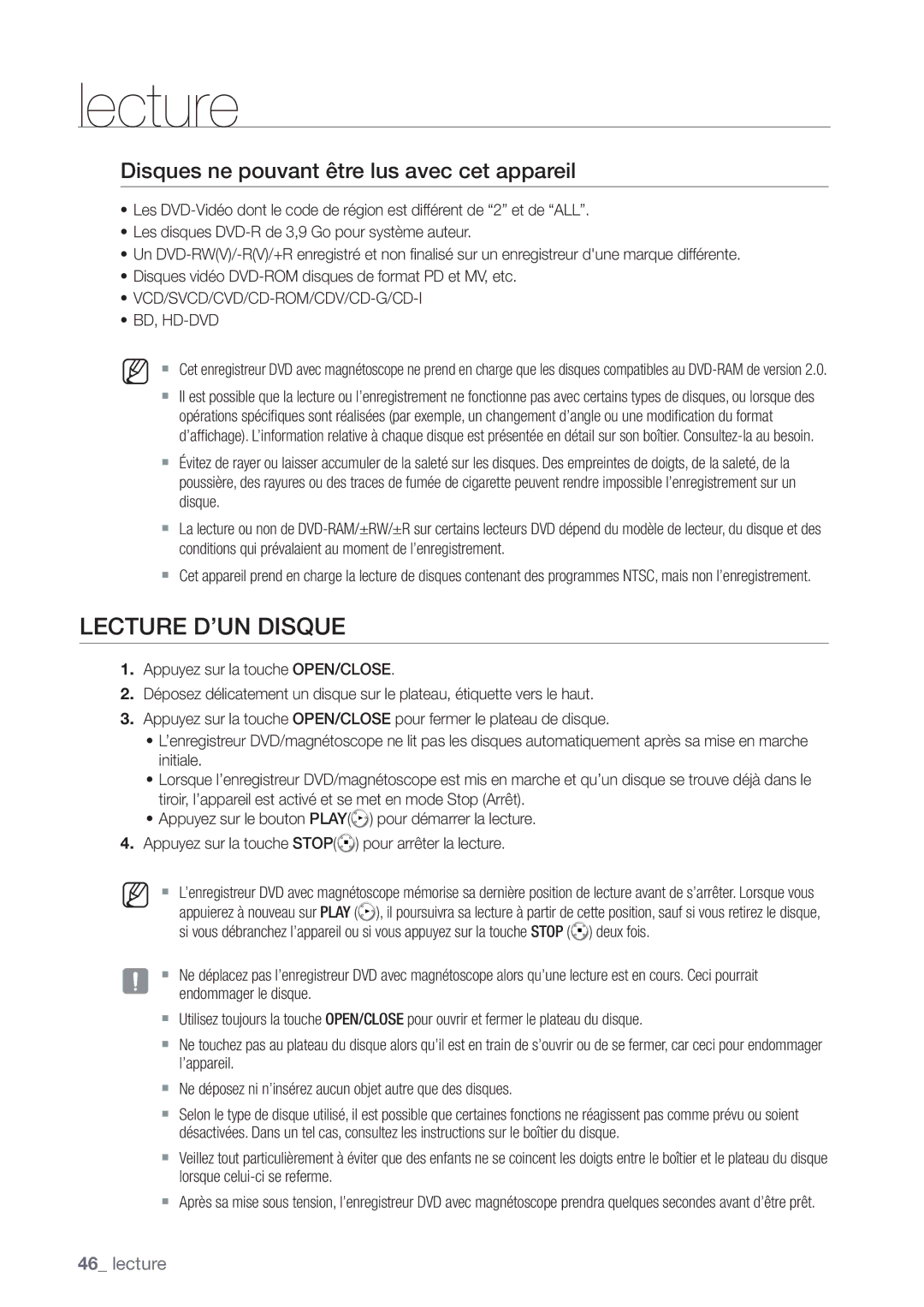 Samsung DVD-VR375/XEF manual Lecture D’UN Disque, Disques ne pouvant être lus avec cet appareil 