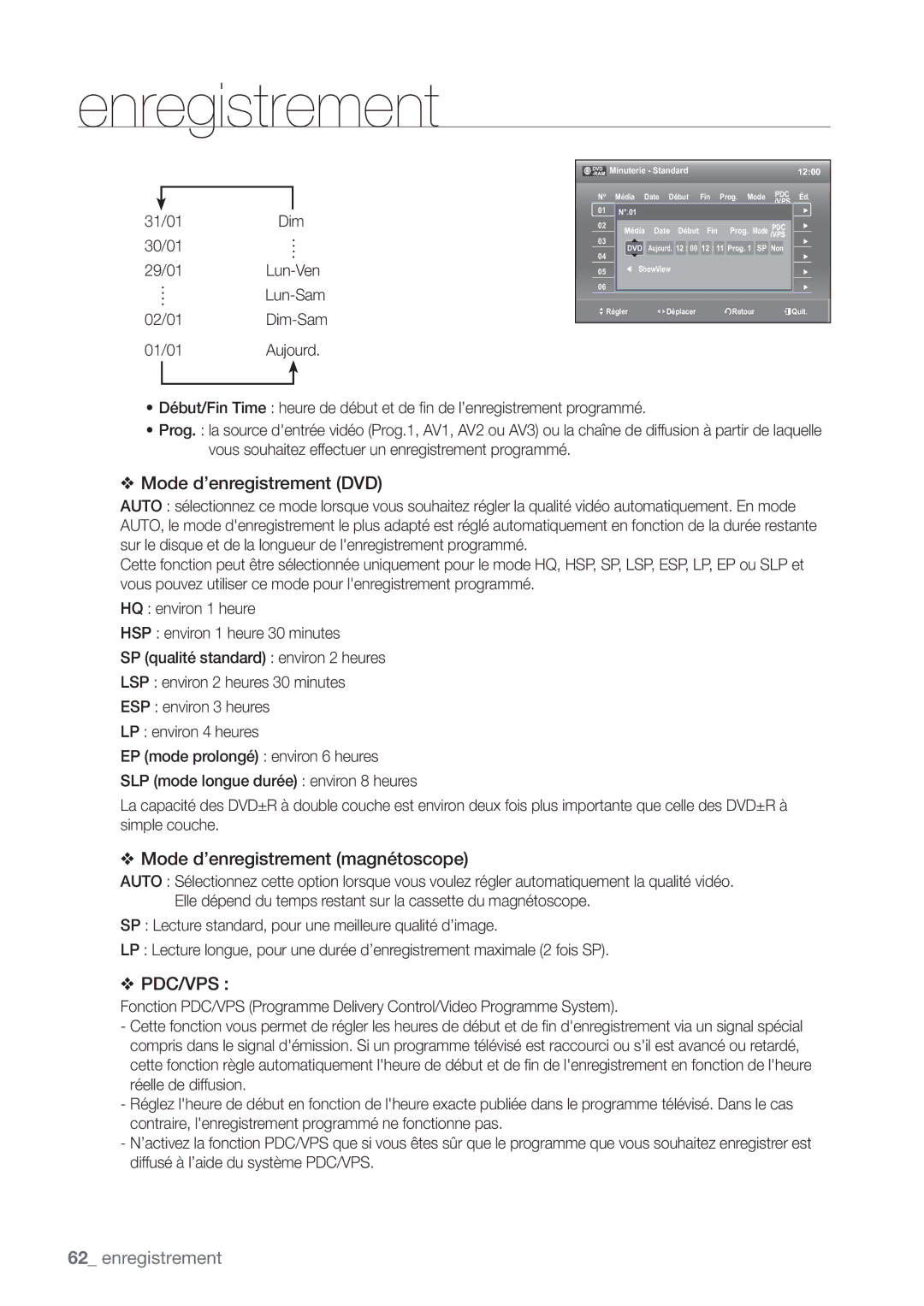 Samsung DVD-VR375/XEF manual Mode d’enregistrement DVD, Minuterie Standard1200 