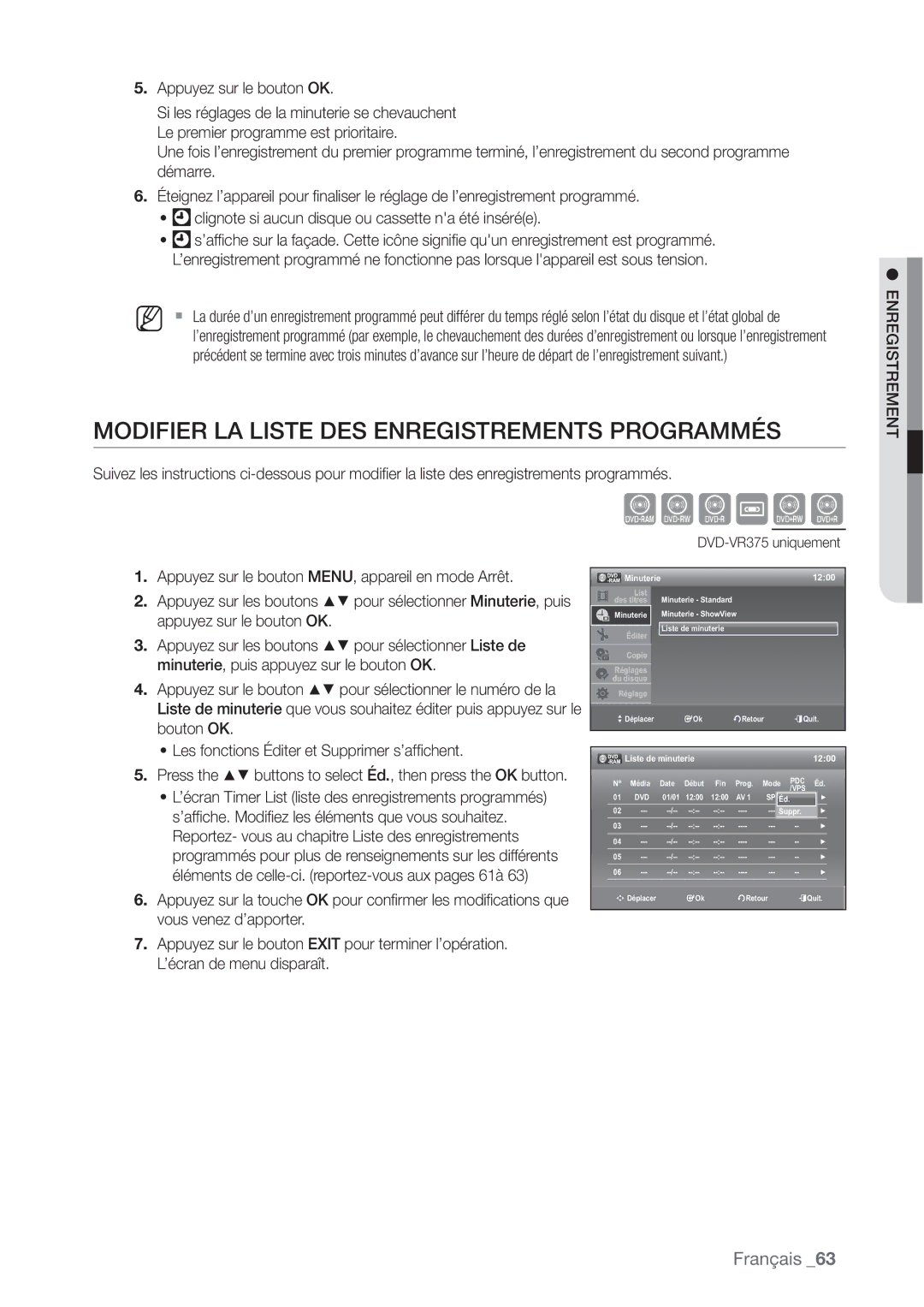 Samsung DVD-VR375/XEF manual Modifier LA Liste DES Enregistrements Programmés, Liste de minuterie 1200 