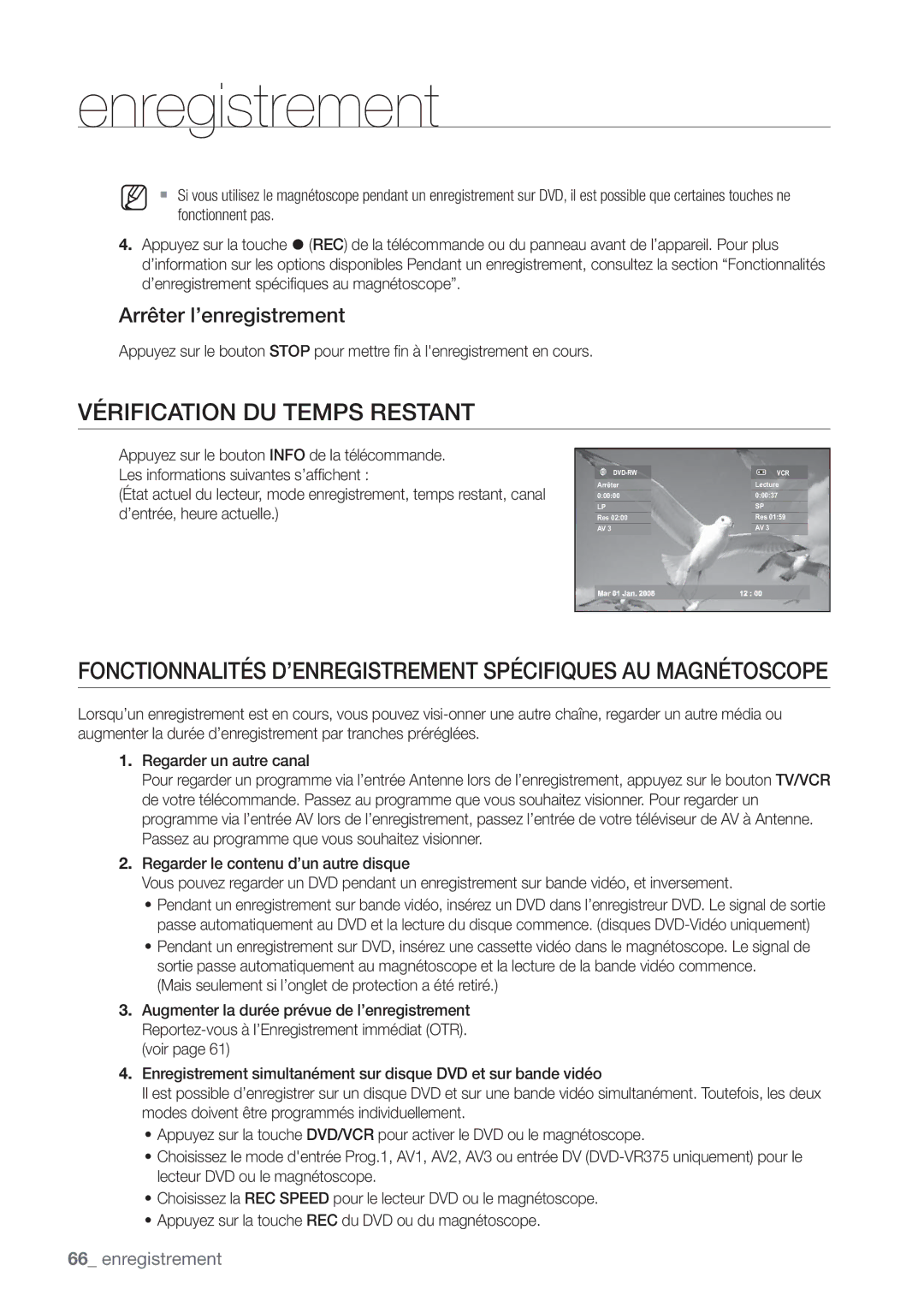 Samsung DVD-VR375/XEF manual Vérification DU Temps Restant, Mais seulement si l’onglet de protection a été retiré 