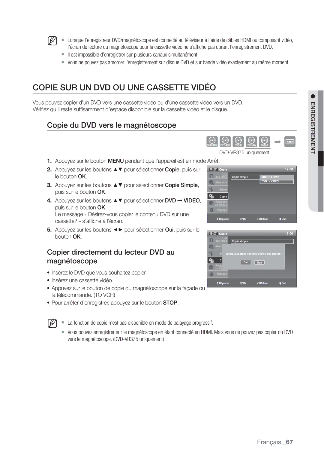 Samsung DVD-VR375/XEF manual Xcvkl , Copie SUR UN DVD OU UNE Cassette Vidéo, Copie du DVD vers le magnétoscope 