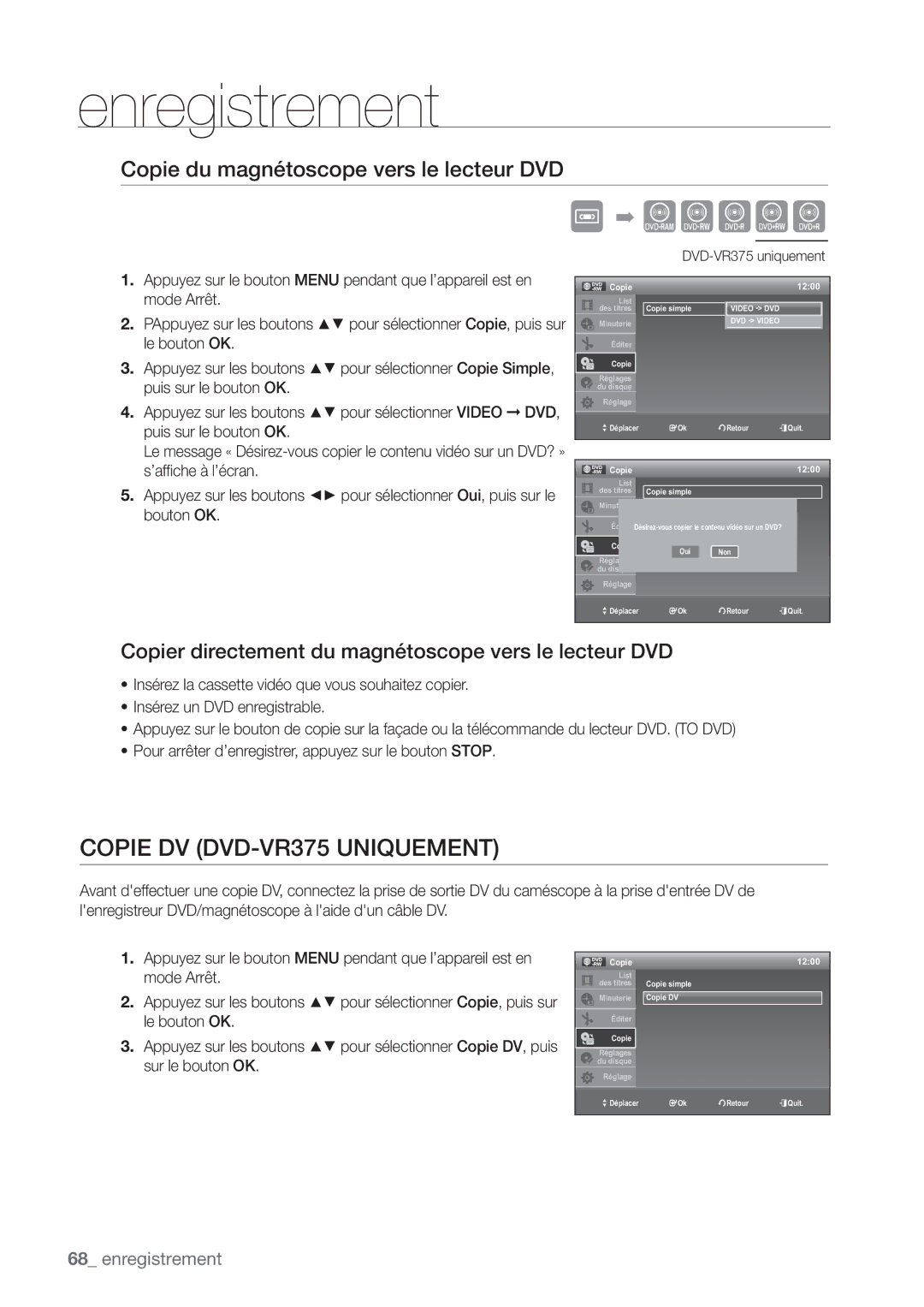 Samsung DVD-VR375/XEF manual Xcvkl, Copie DV DVD-VR375 Uniquement, Copie du magnétoscope vers le lecteur DVD 