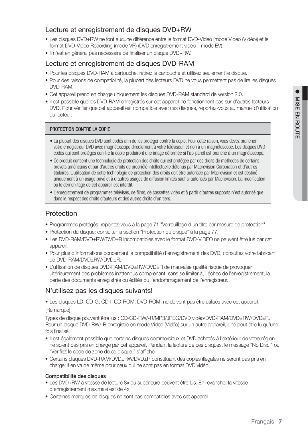 Samsung DVD-VR375/XEF manual Lecture et enregistrement de disques DVD+RW, Lecture et enregistrement de disques DVD-RAM 