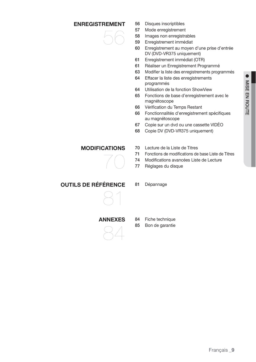 Samsung DVD-VR375/XEF manual Modifications Outils DE Référence Annexes 