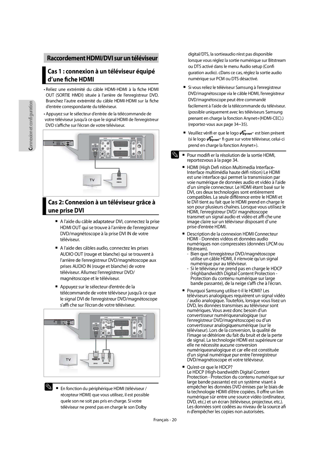 Samsung DVD-VR475A/XEF Cas 1 connexion à un téléviseur équipé d’une fiche Hdmi, Raccordement HDMI/DVI sur un téléviseur 