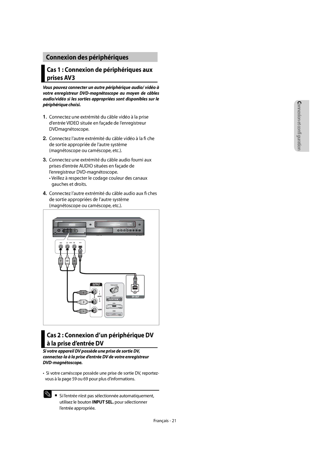 Samsung DVD-VR475/XEF, DVD-VR475A/XEF manual Connexion des périphériques, Cas 1 Connexion de périphériques aux prises AV3 