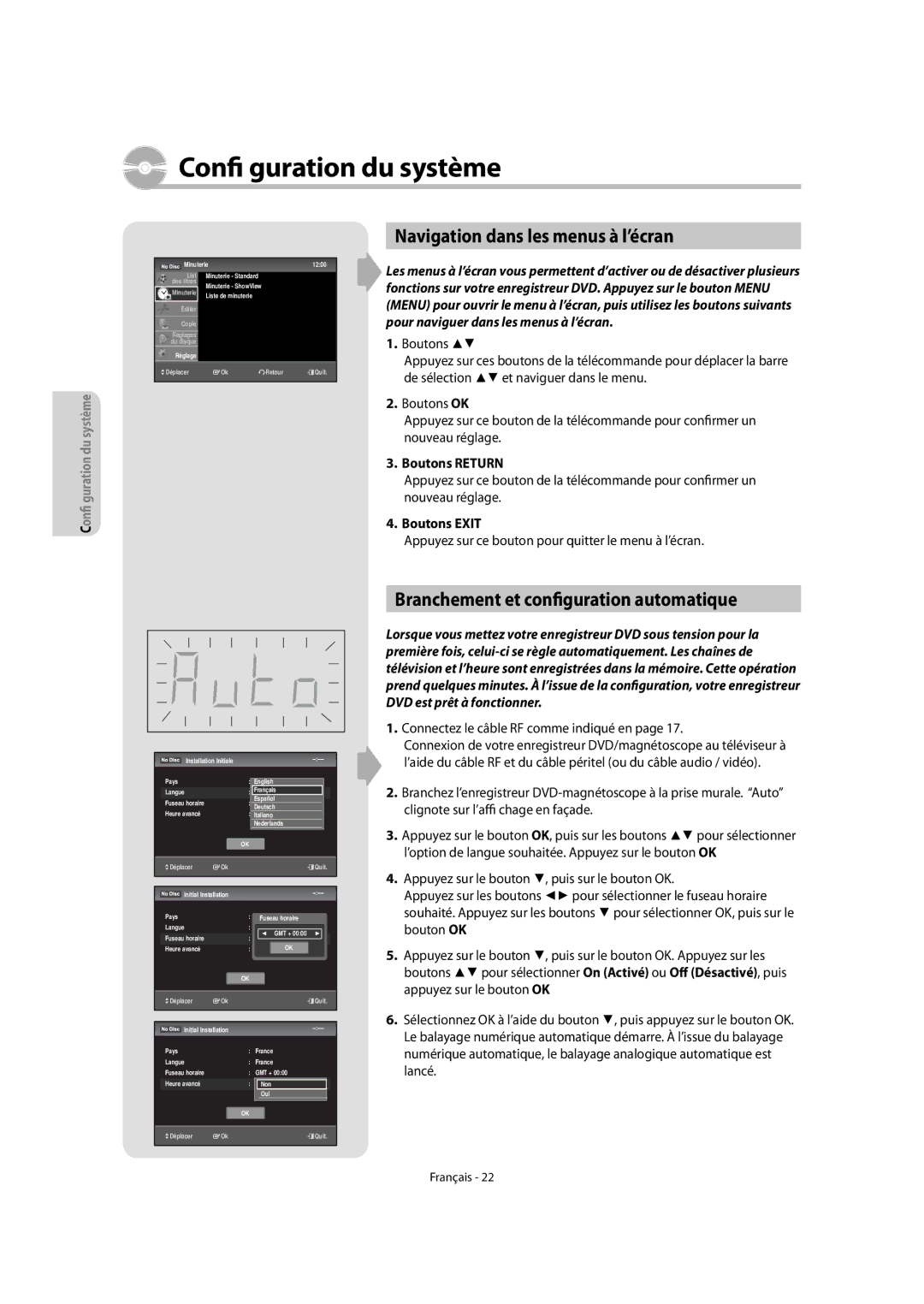 Samsung DVD-VR475A/XEF manual Navigation dans les menus à l’écran, Branchement et configuration automatique, Boutons Return 